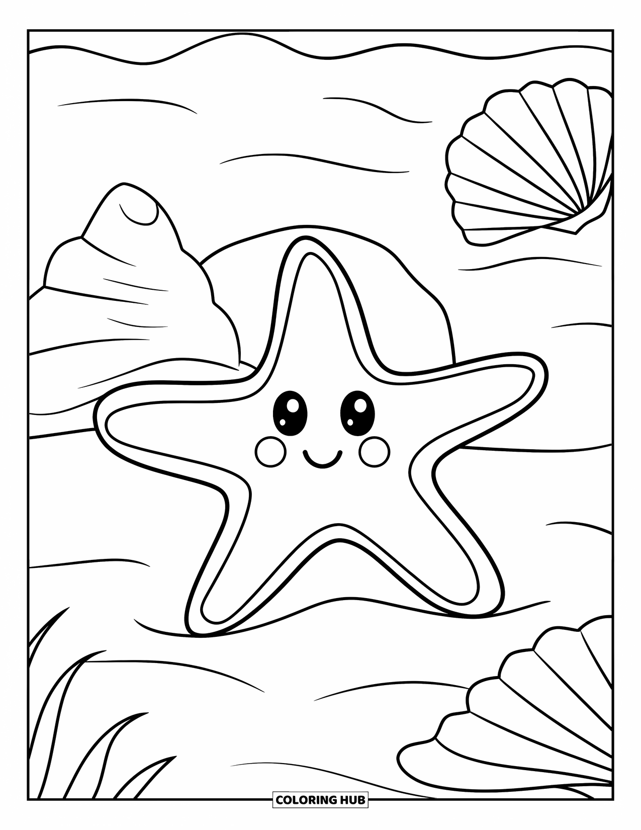 Starfish Coloring Page for Kids: A starfish lies beside a seashell on warm, playful sand