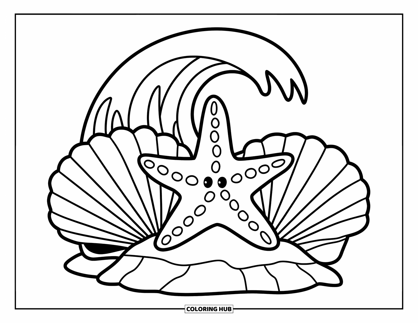 Starfish Coloring Page for Kids: A starfish rests on a rock near three seashells and a small ocean wave