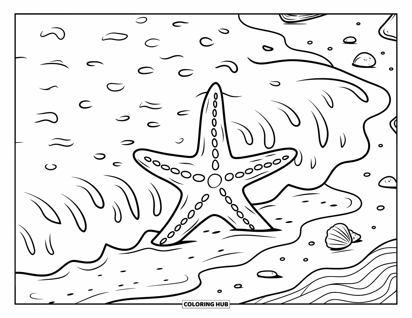 Starfish Coloring Page for Kids: A starfish rests on wet sand, half-covered by a gentle foamy wave
