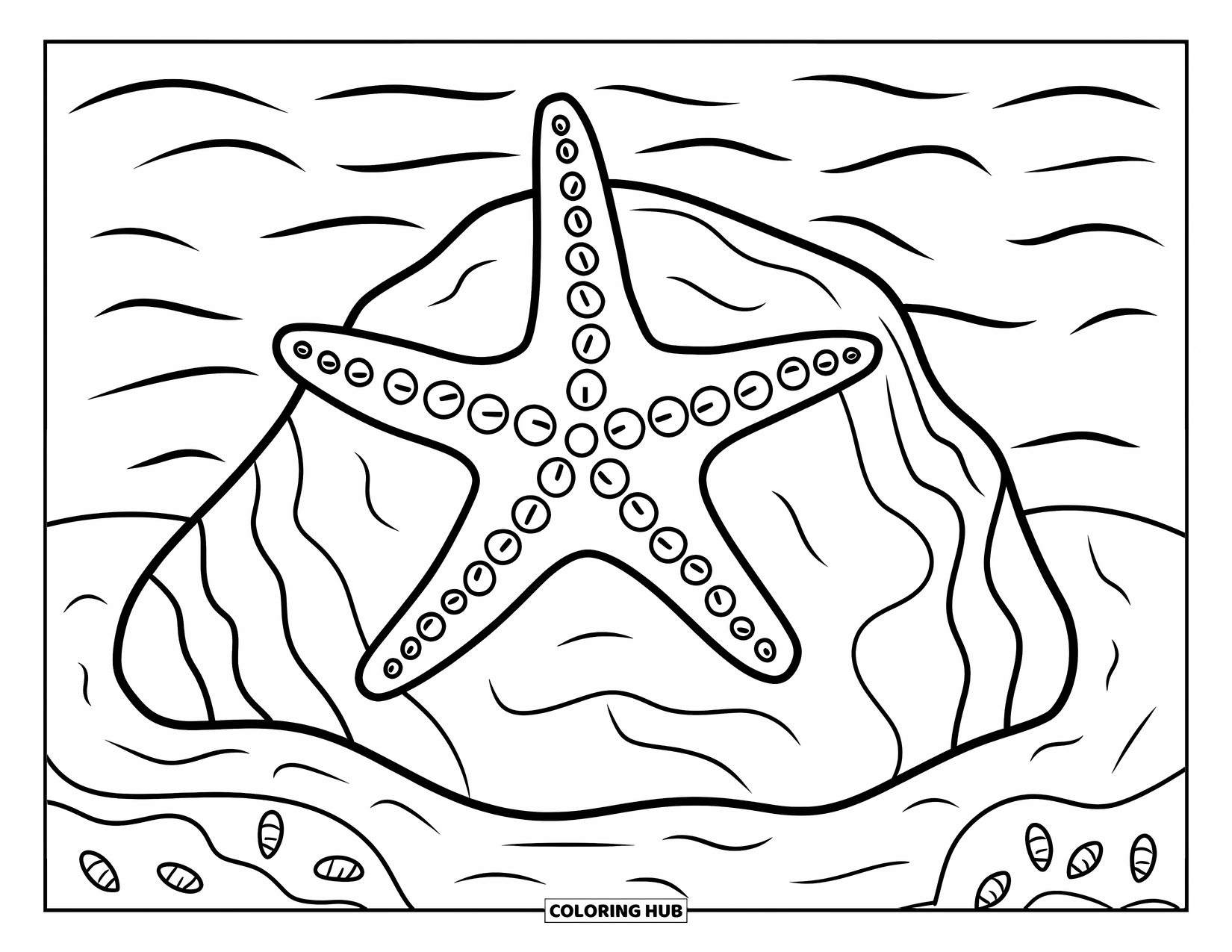 Starfish Coloring Page for Kids: A starfish with many arms rests on a rock near calm, sandy waters