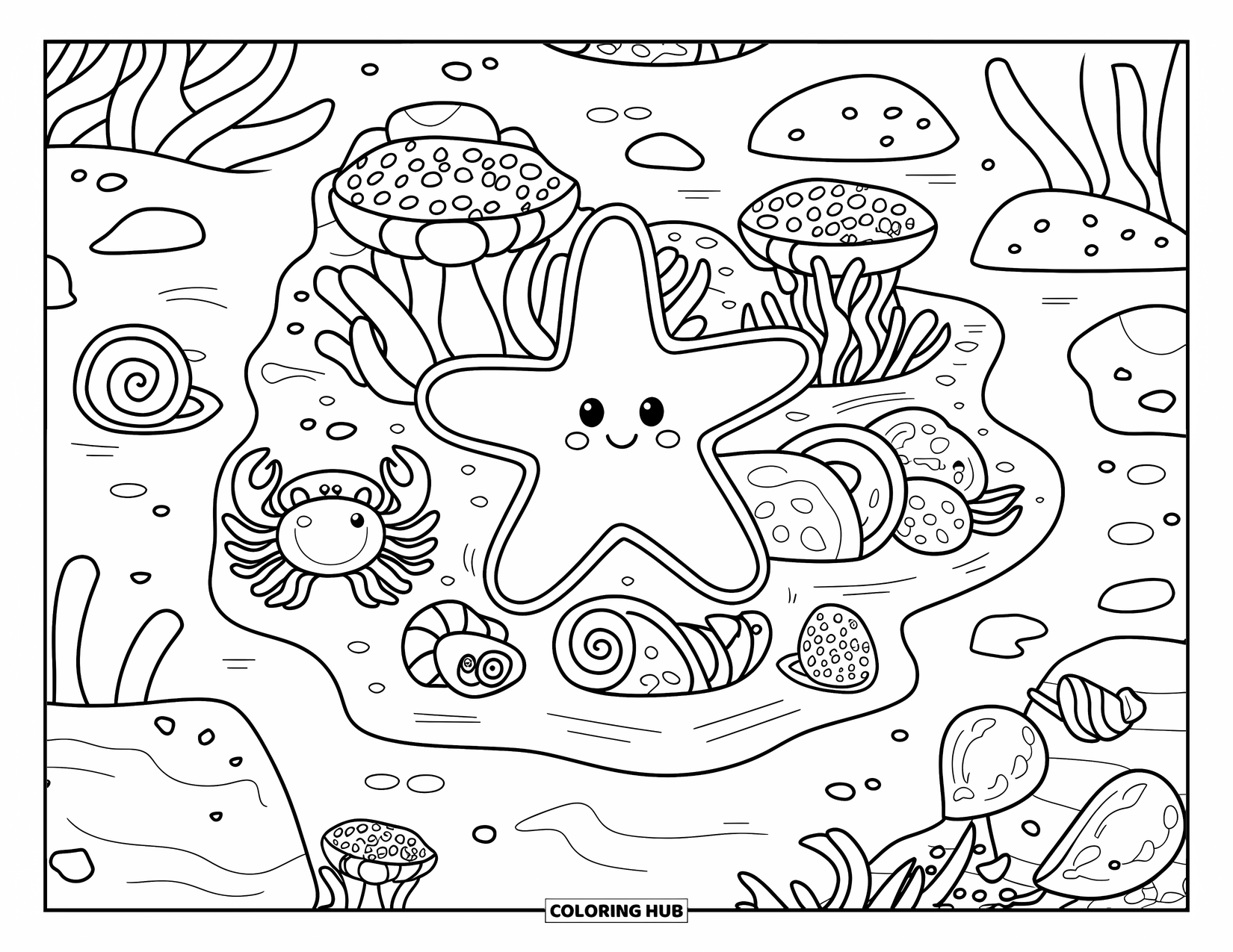 Starfish Coloring Page for Kids: A tide pool full of snails, crabs, and a happy starfish among seaweed
