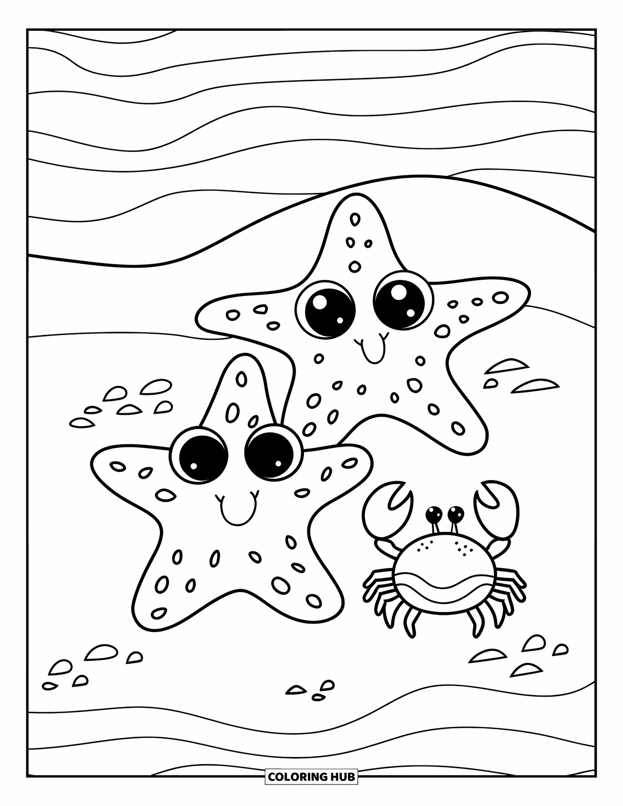 Starfish Coloring Page for Kids: Two happy starfish and a crab enjoy a quiet moment on the beach