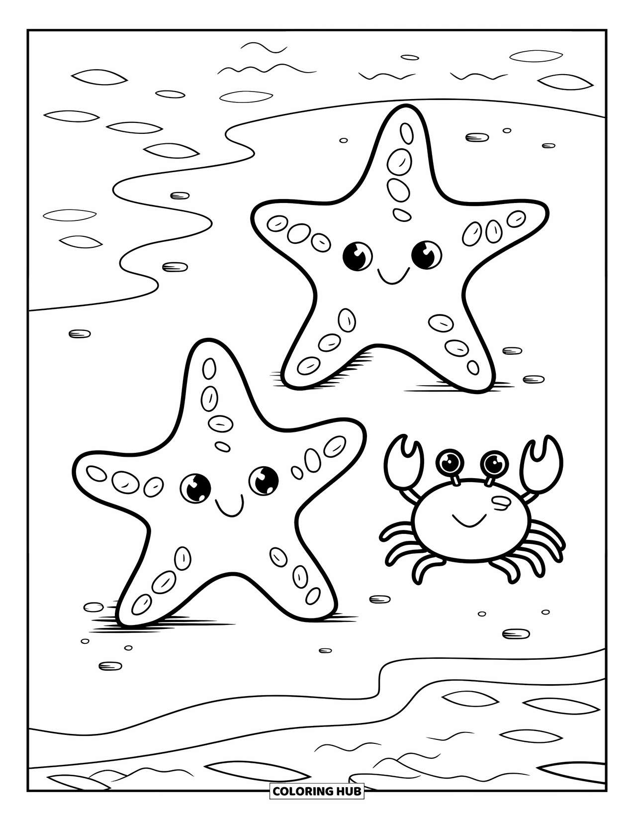 Starfish Coloring Page for Kids: Two round starfish and a crab sit happily by the water's edge