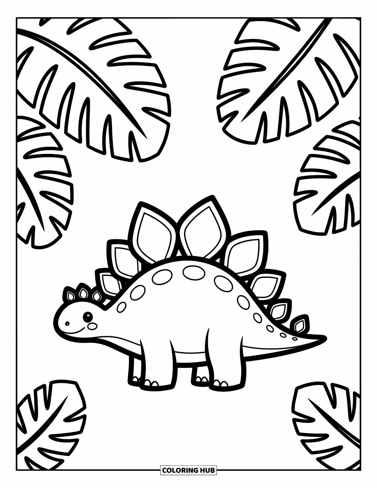 Stegosaurus Coloring Page for Adults: A cheerful stegosaurus stands still beneath tropical leaves with soft, rounded back plates