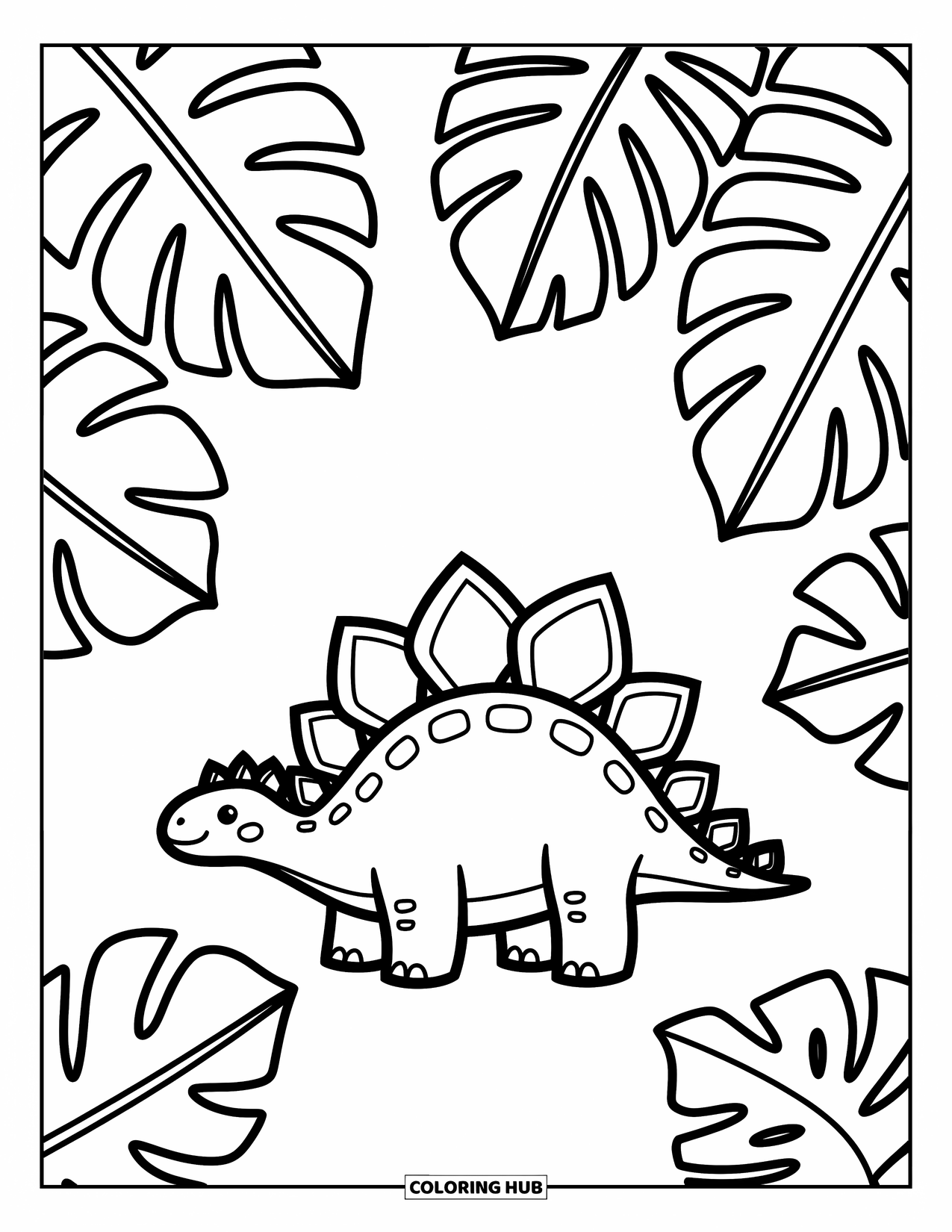Stegosaurus Coloring Page for Adults: A curious stegosaurus stands under tropical leaves with mushrooms and tiny flowers