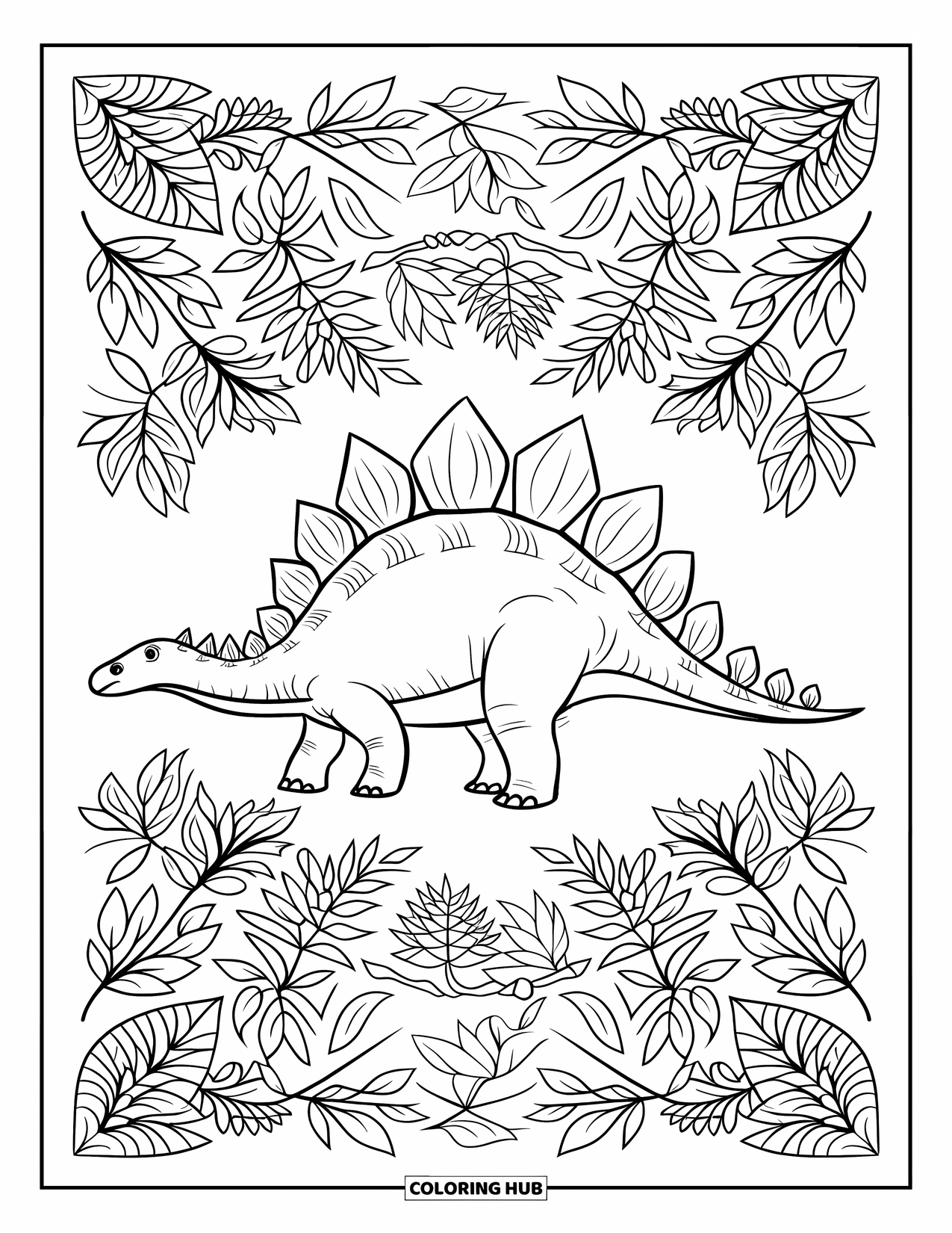 Stegosaurus Coloring Page for Adults: A detailed stegosaurus stands surrounded by patterned prehistoric plants