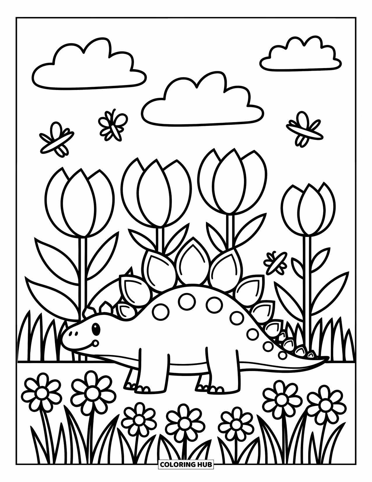 Stegosaurus Coloring Page for Adults: A happy stegosaurus enjoys a sunny field filled with tall flowers, bees, and butterflies