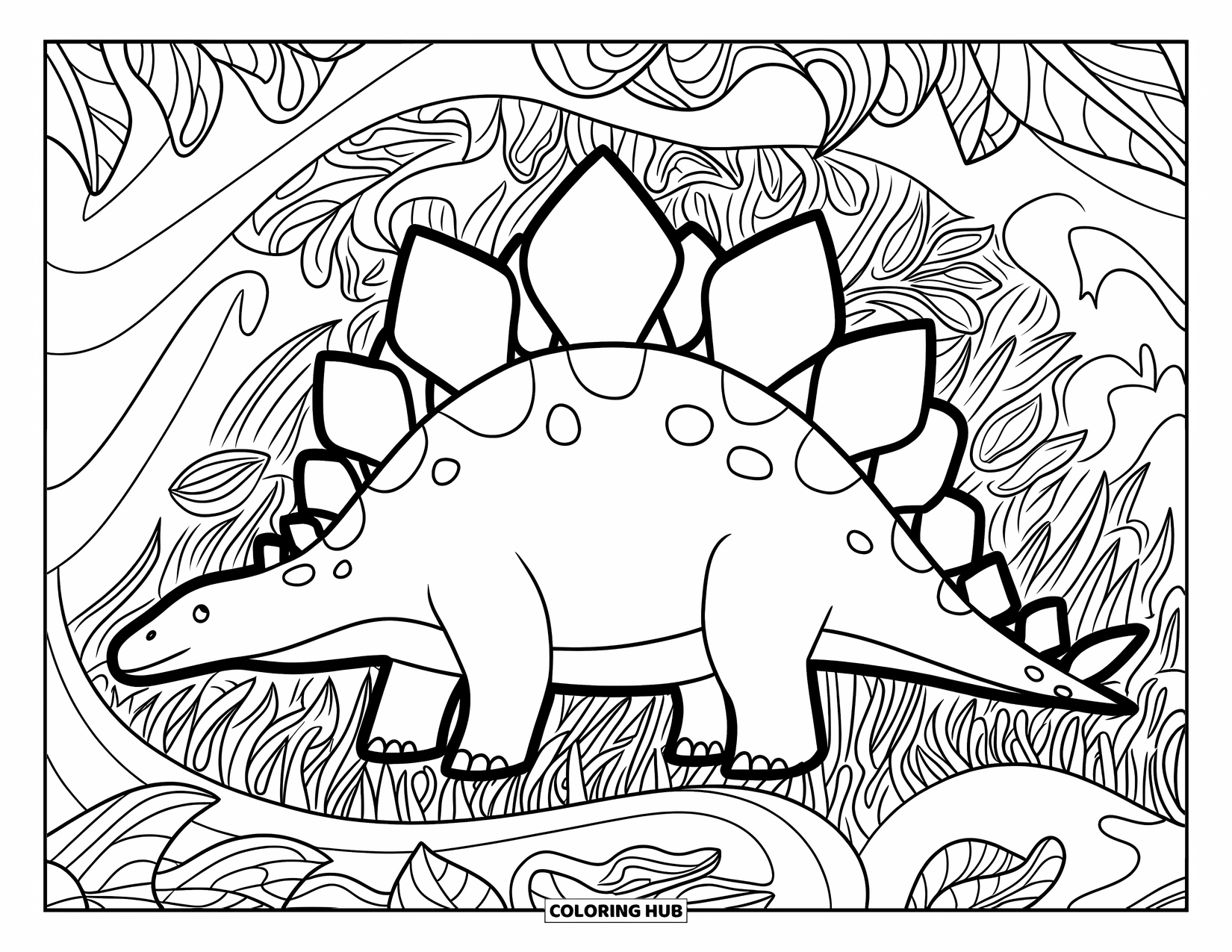 Stegosaurus Coloring Page for Adults: A stegosaurus grazes among swirling leaves and ornate grass patterns