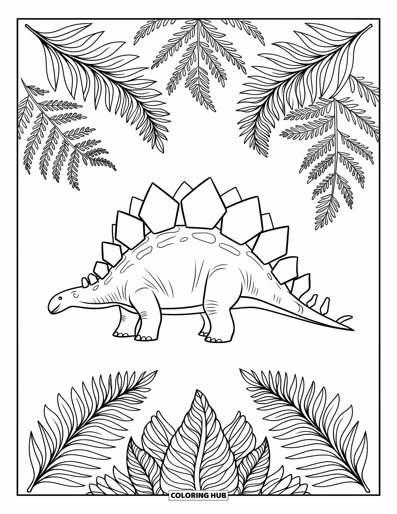 Stegosaurus Coloring Page for Adults: A stegosaurus in profile is framed by patterned mandalas of bold ferns and leaves