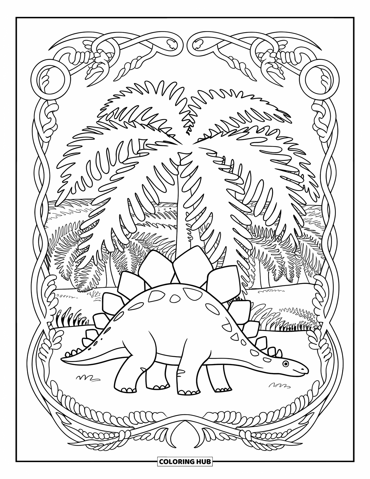 Stegosaurus Coloring Page for Adults: A stegosaurus passes beneath fern trees in a lush land with swirling vine borders