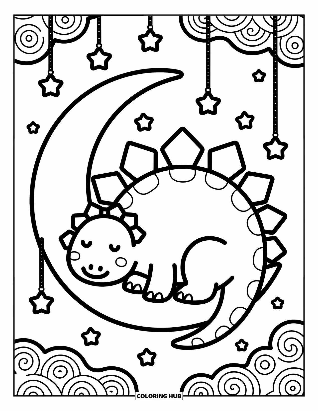 Stegosaurus Coloring Page for Adults: A stegosaurus rests peacefully on a moon wrapped in stars, clouds, and cozy shapes