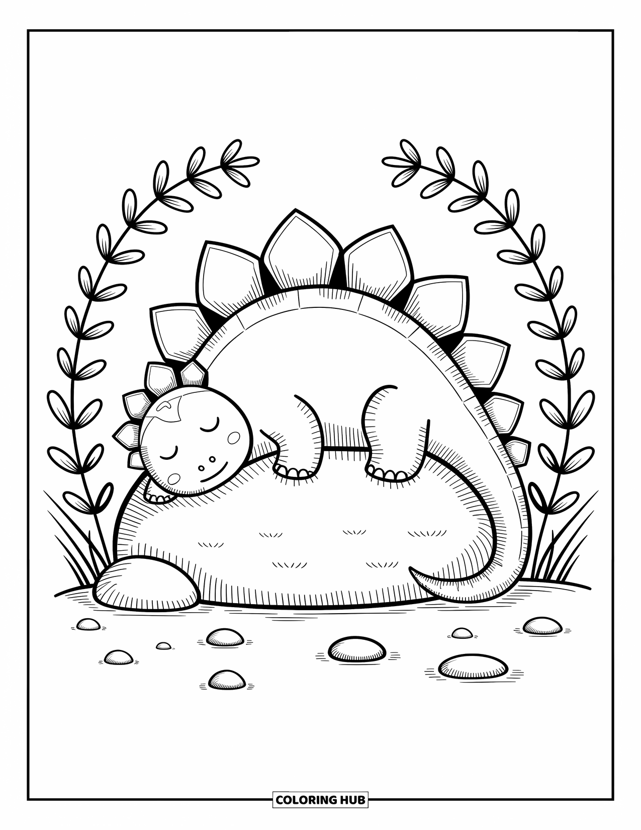 Stegosaurus Coloring Page for Adults: A stegosaurus sleeps on a boulder surrounded by sprigs, pebbles, and gentle grass