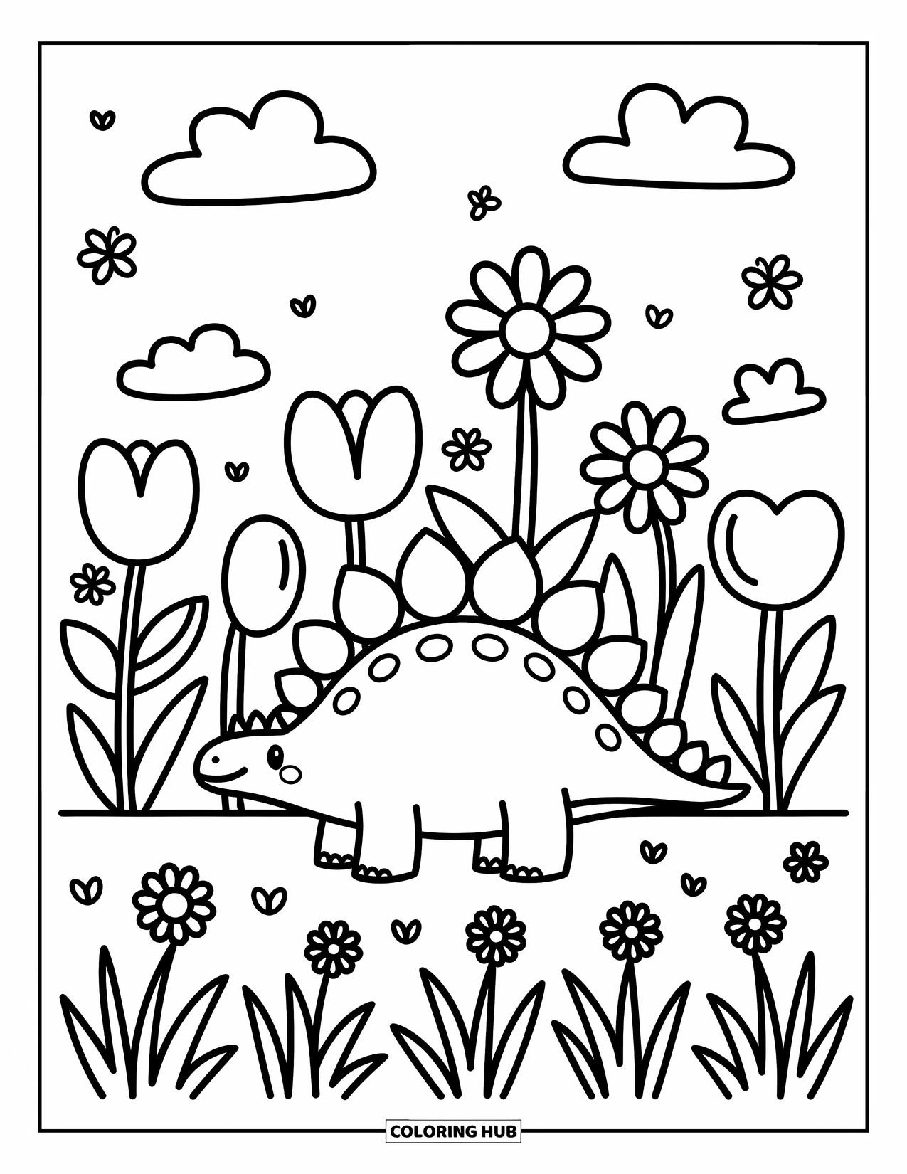 Stegosaurus Coloring Page for Adults: A stegosaurus stands in a blooming field with curved flowers, butterflies, and soft clouds