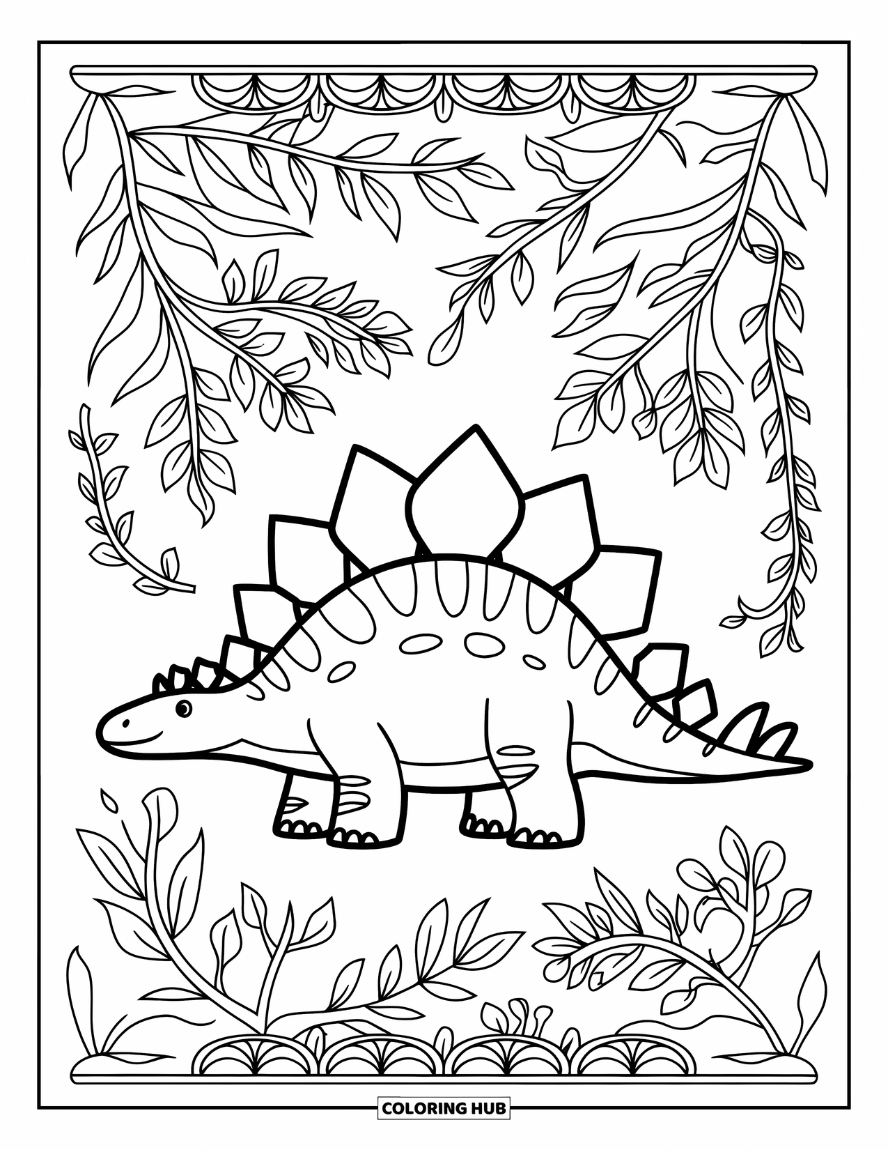 Stegosaurus Coloring Page for Adults: A stegosaurus stands in a tangle of vines and prehistoric leaves with a fancy border