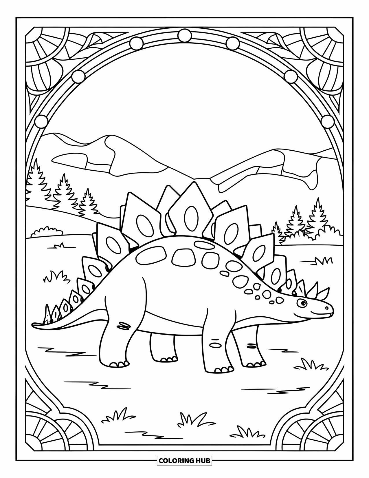 Stegosaurus Coloring Page for Adults: A stegosaurus stands on grass with mountains behind a stained-glass-style border