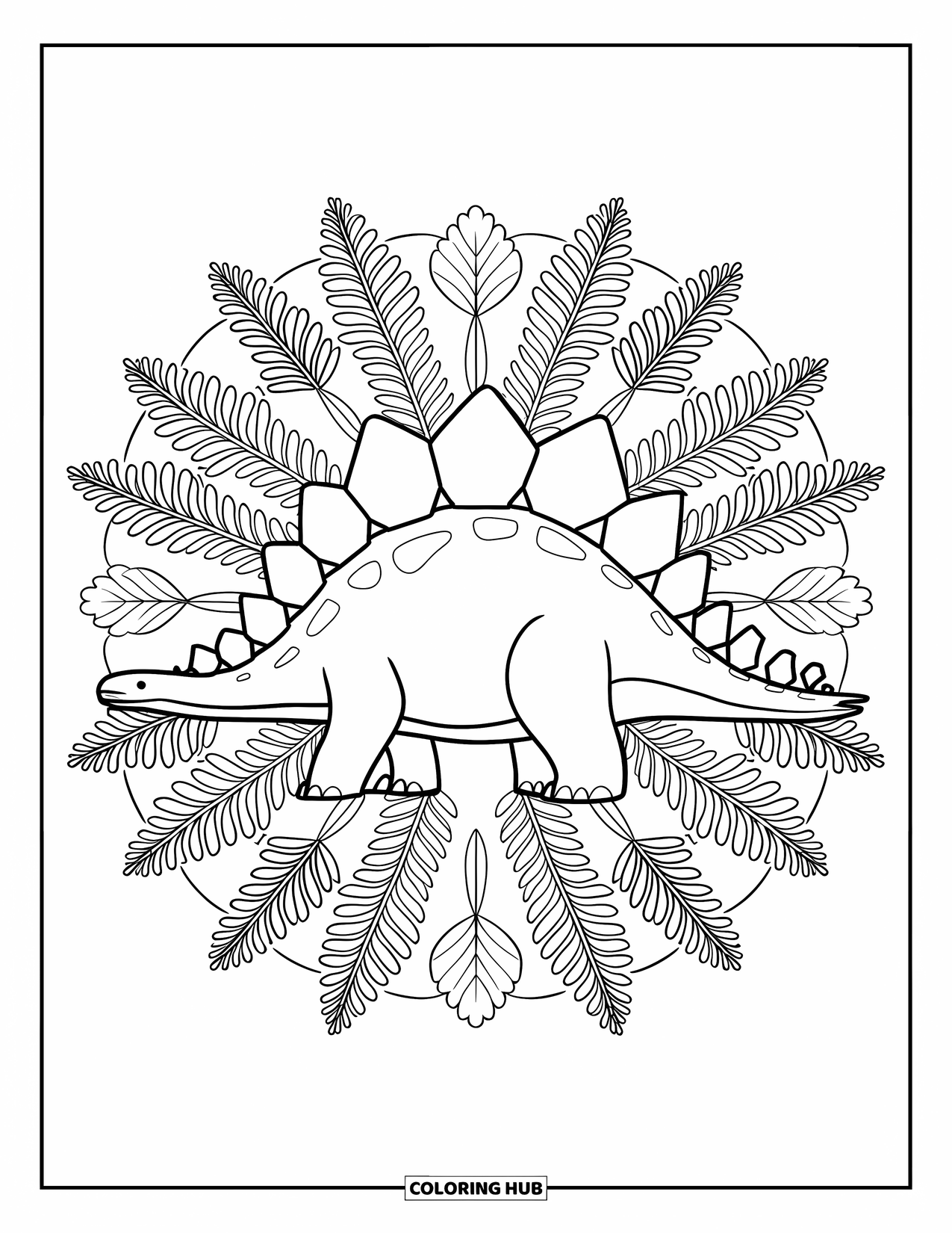 Stegosaurus Coloring Page for Adults: A stegosaurus stands strong among circular mandalas made from ferns and cycads