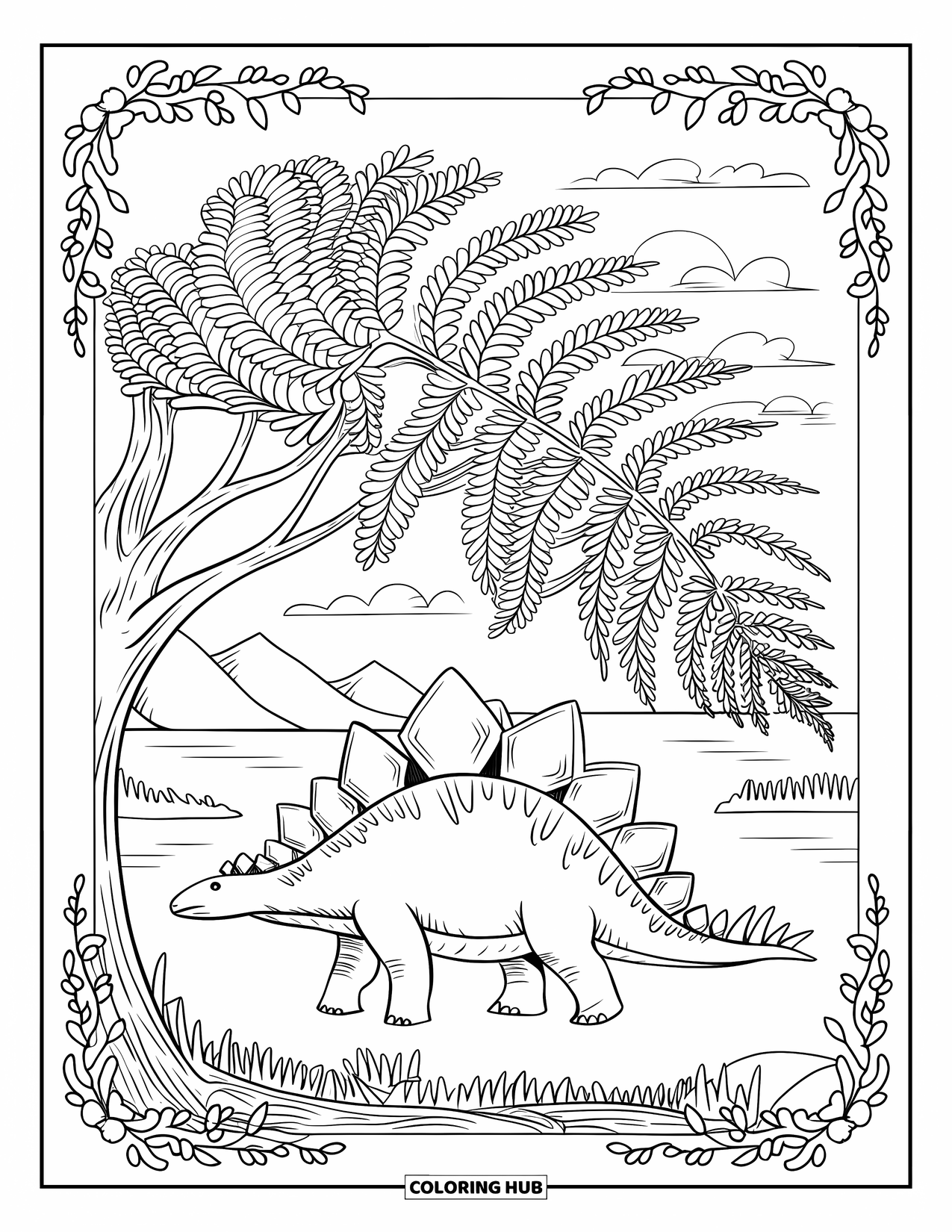 Stegosaurus Coloring Page for Adults: A stegosaurus walks under a fern tree with mountains and water in the background