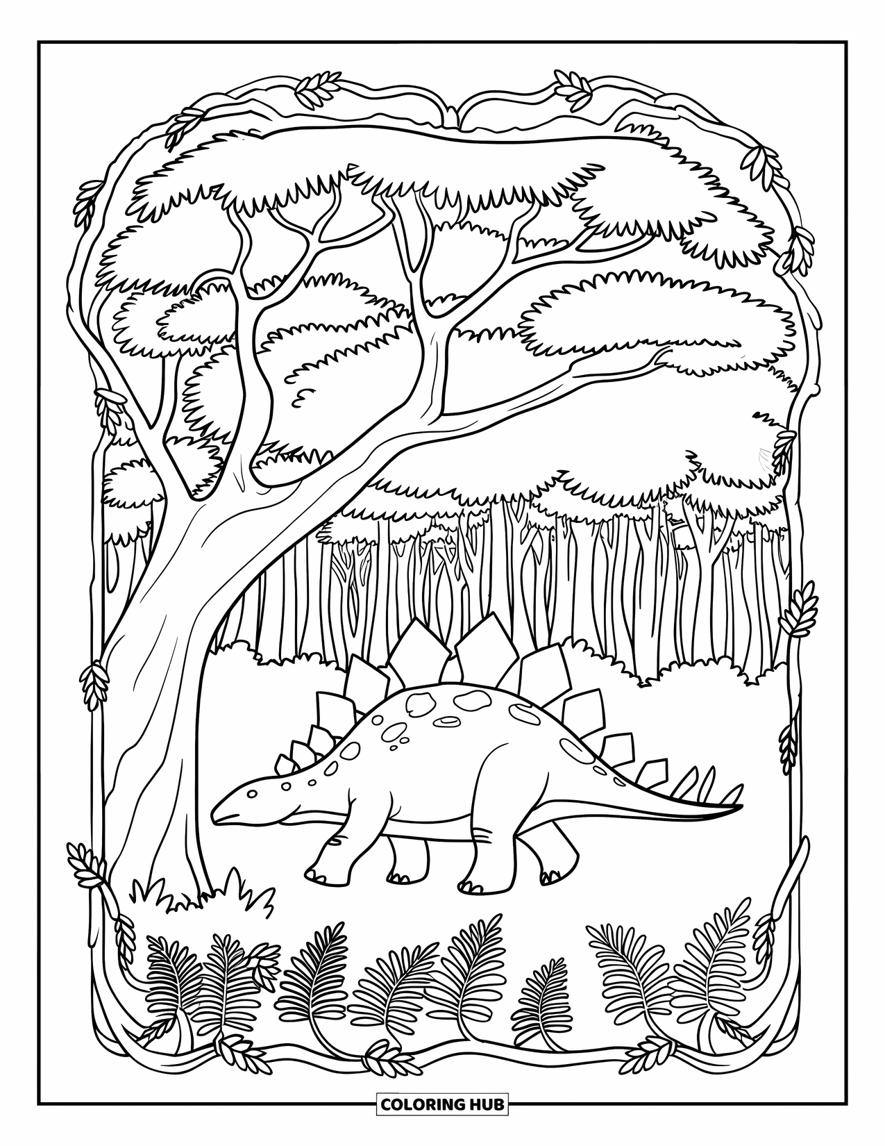 Stegosaurus Coloring Page for Adults: A stegosaurus walks under a tree with a hollow trunk in a forest full of ferns
