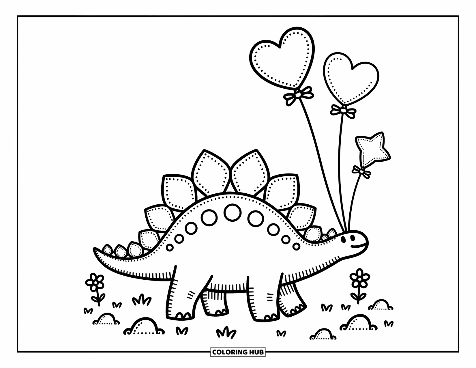 Stegosaurus Coloring Page for Adults: A stegosaurus walks with balloon strings tied to hearts and stars above its back