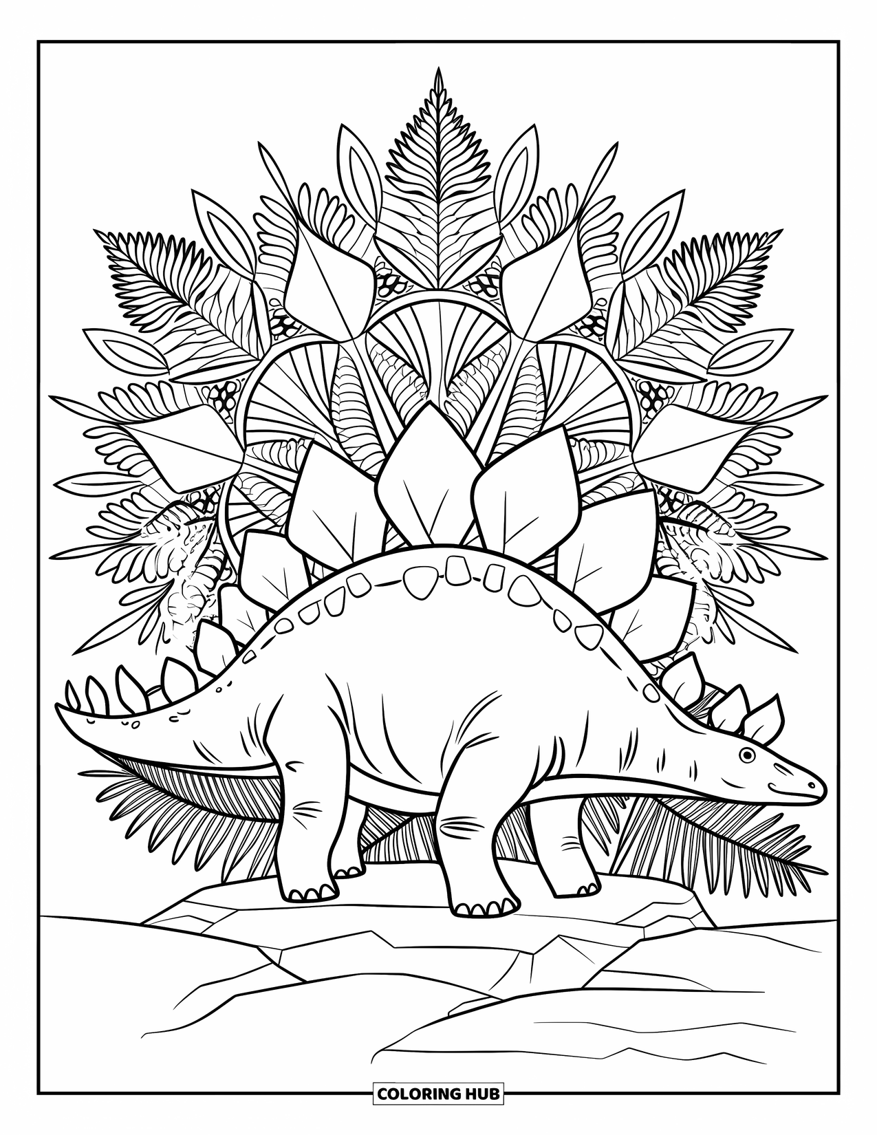 Stegosaurus Coloring Page for Adults: A stegosaurus with large plates stands on rocks among swirling mandala leaves