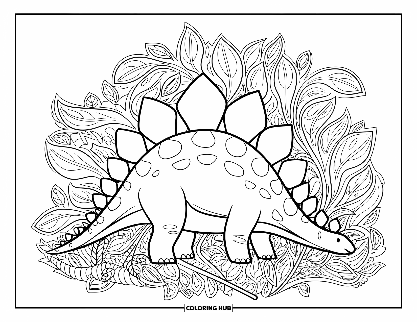 Stegosaurus Coloring Page for Adults: A stegosaurus with sharp spikes grazes through swirling leaves and long grass