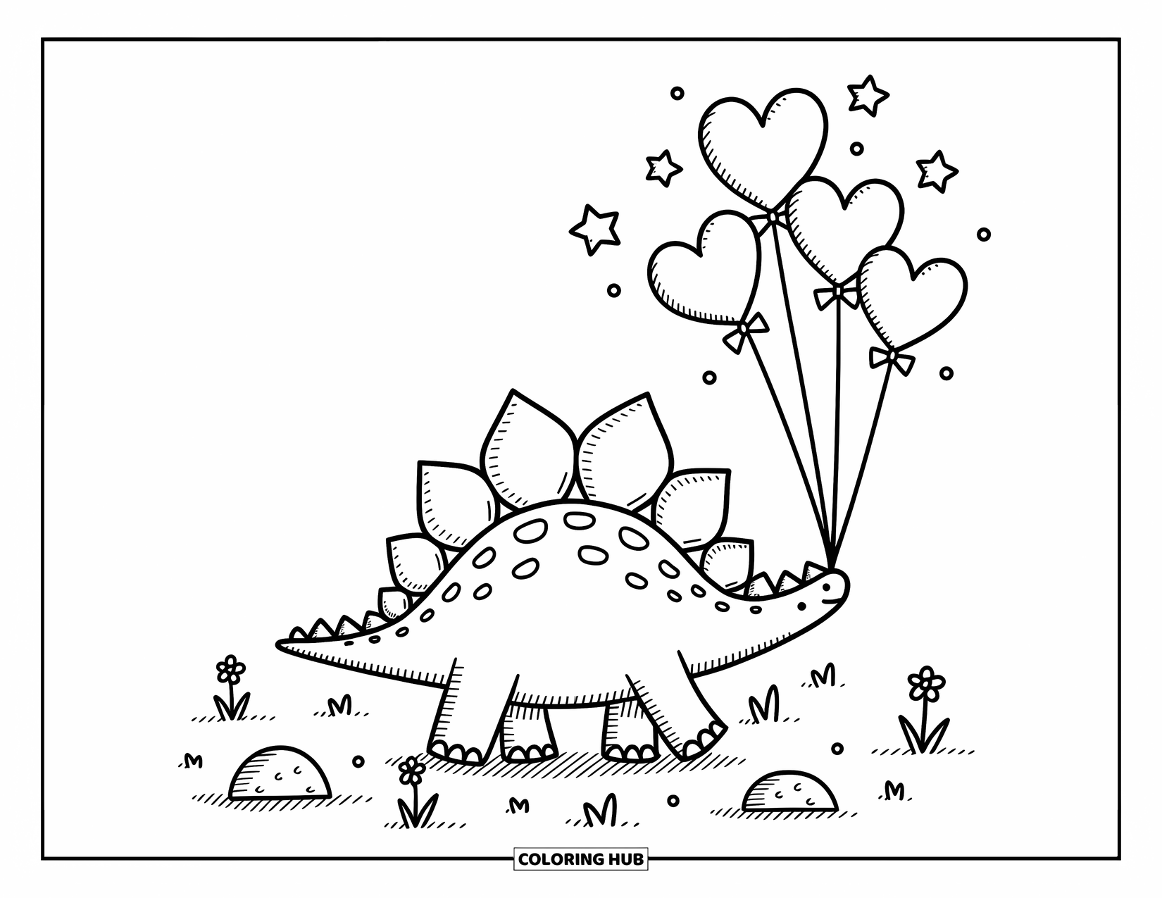 Stegosaurus Coloring Page for Adults: A sweet stegosaurus walks gently with balloons above flowers and soft grass tufts