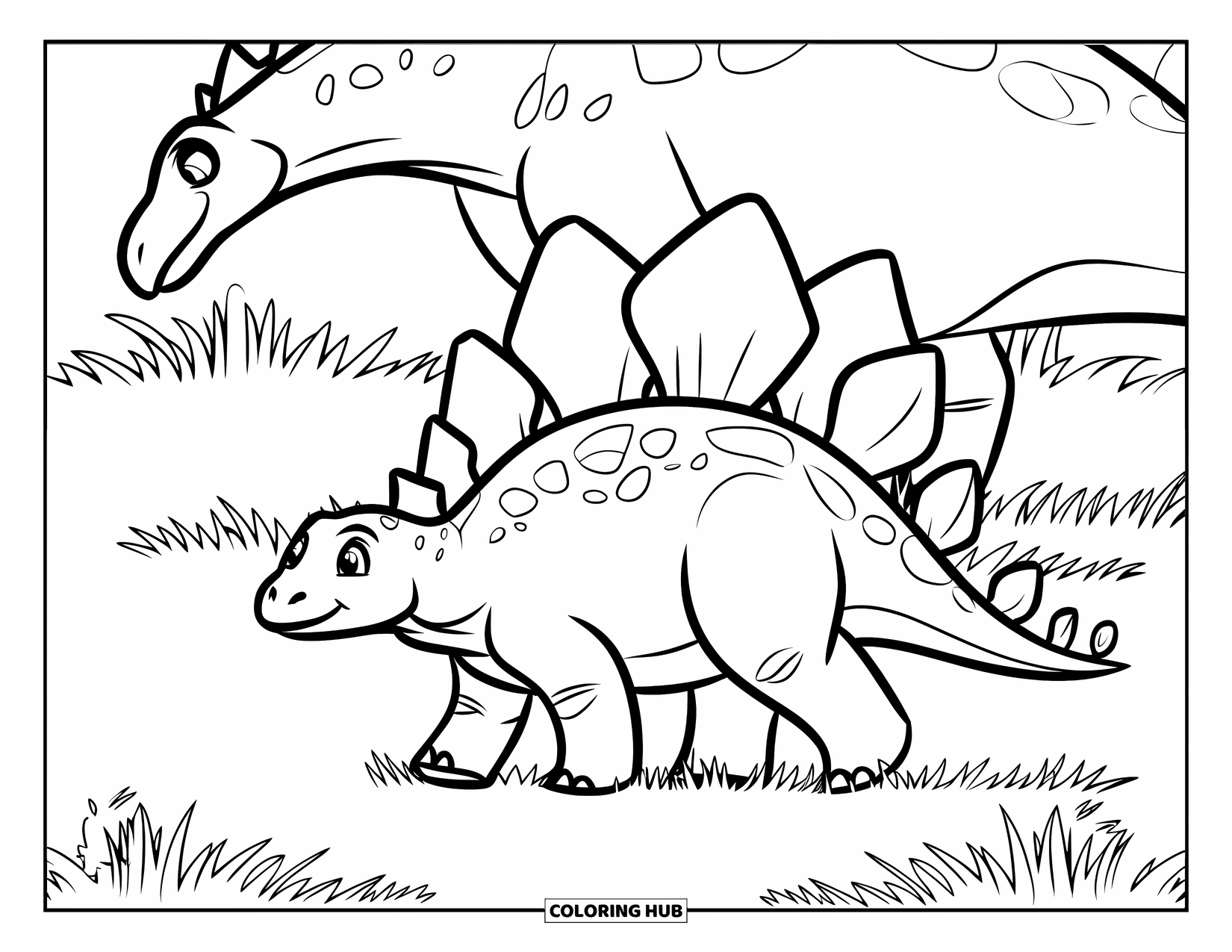 Stegosaurus Coloring Page for Kids: A baby stegosaurus follows its parent across a grassy field with easy shapes to color