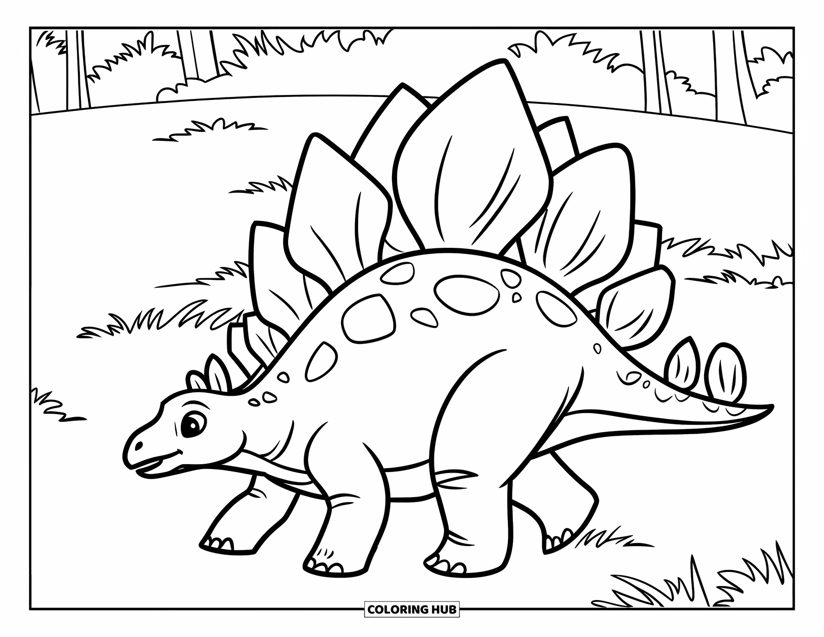 Stegosaurus Coloring Page for Kids: A baby stegosaurus walks beside its parent across a wide, grassy field