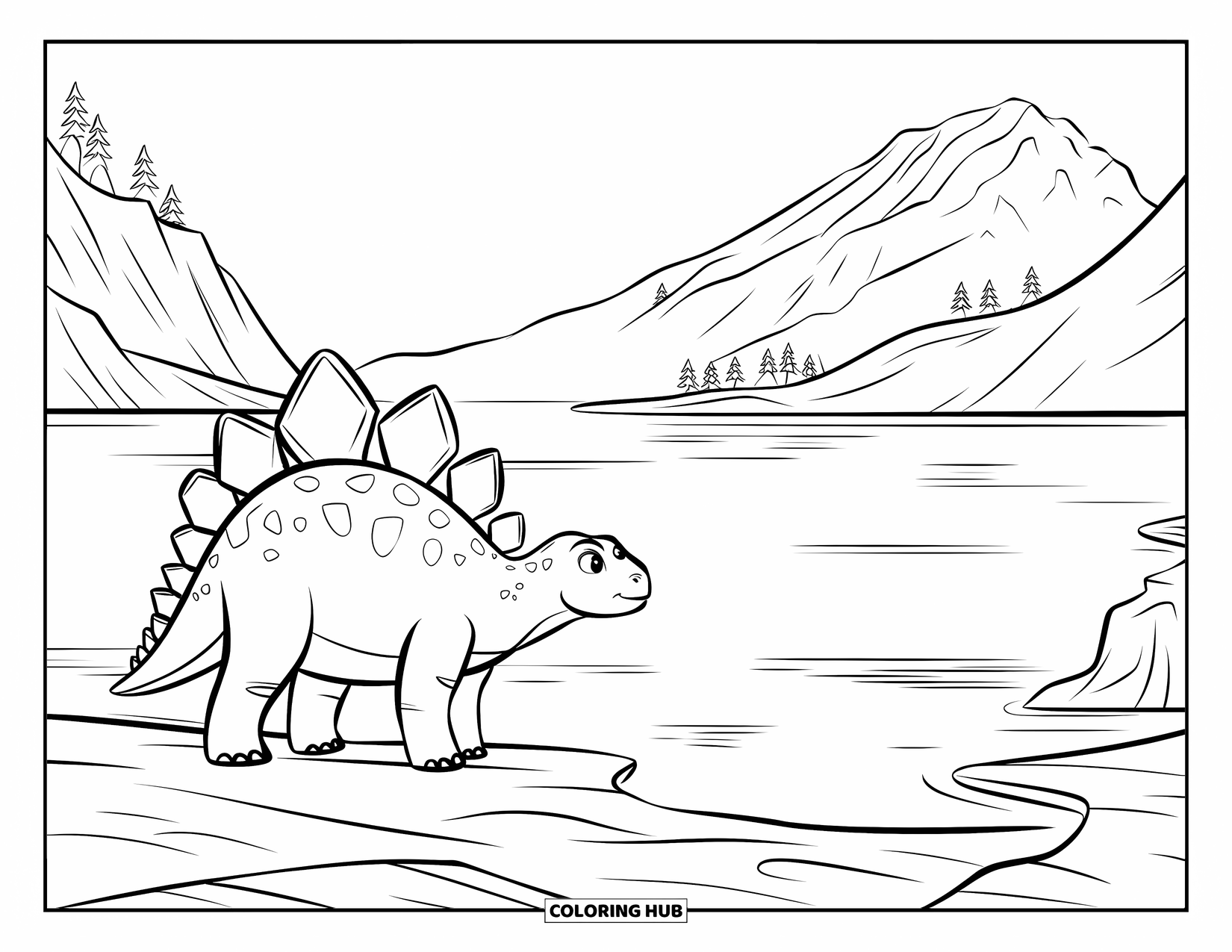 Stegosaurus Coloring Page for Kids: A calm stegosaurus stands near a still lake with mountains reflecting in the water