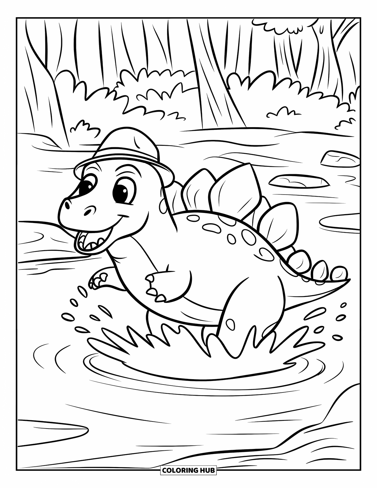 Stegosaurus Coloring Page for Kids: A cheerful stegosaurus splashes playfully in a shallow stream with a hat on