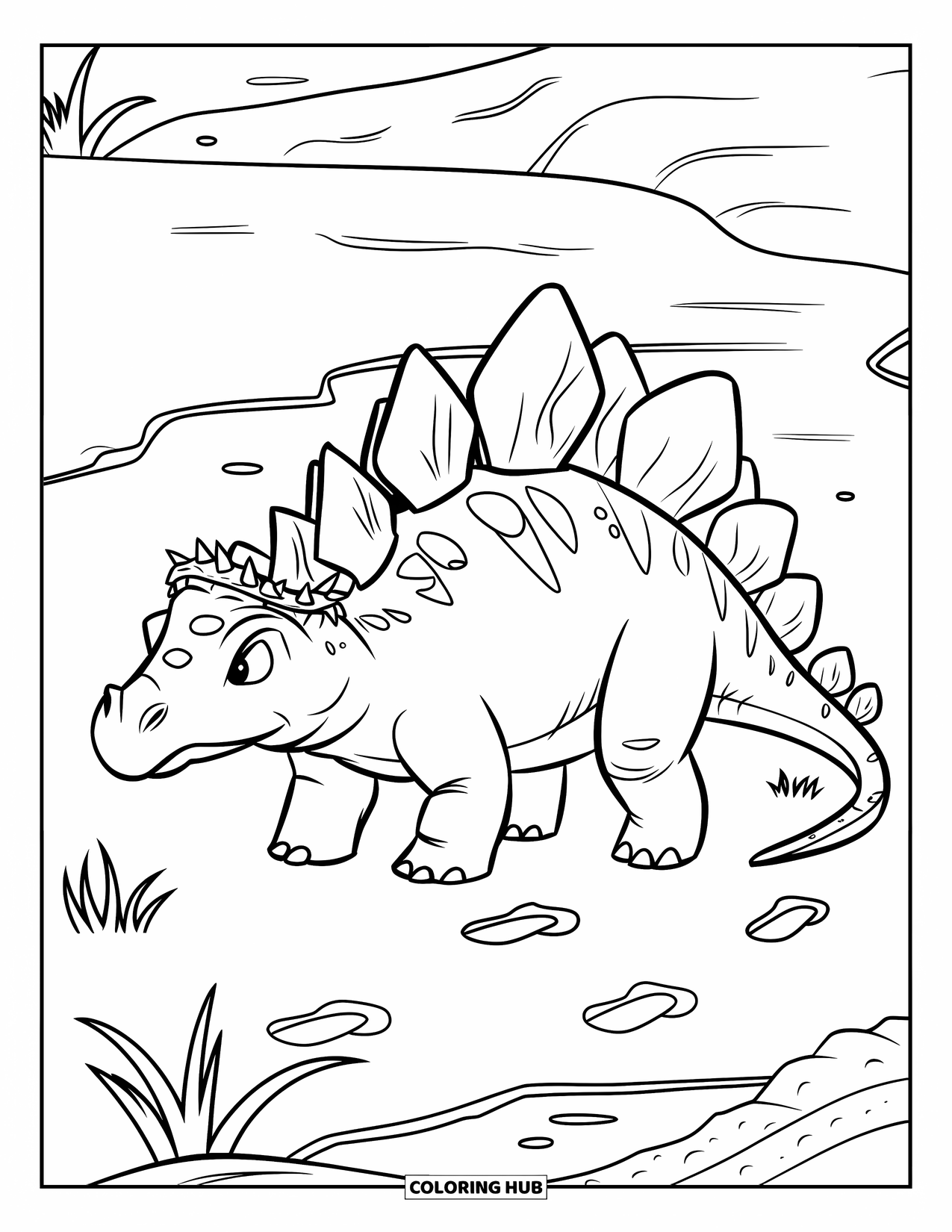 Stegosaurus Coloring Page for Kids: A crowned stegosaurus stands beside dry earth and sprouting plants in a barren land