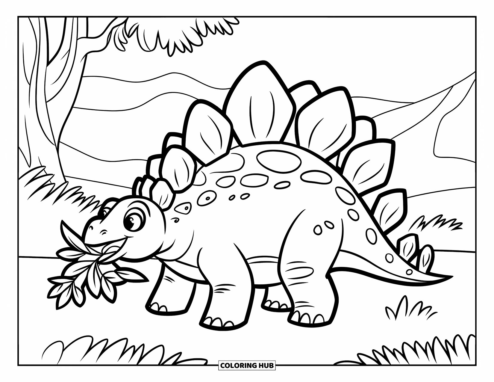 Stegosaurus Coloring Page for Kids: A happy stegosaurus eats a leafy branch near trees and a gentle mountain