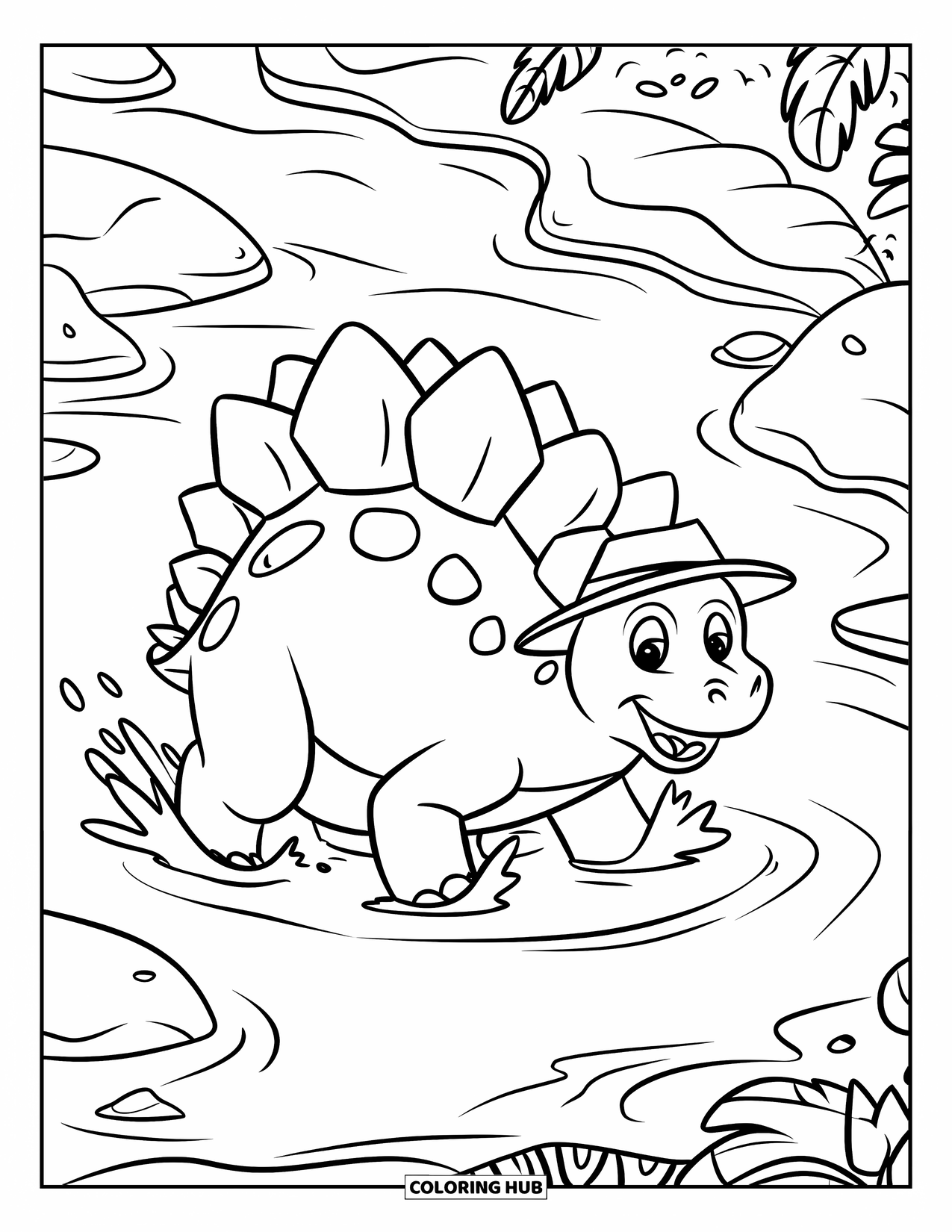 Stegosaurus Coloring Page for Kids: A happy stegosaurus wearing a hat splashes through water near rocks and leaves