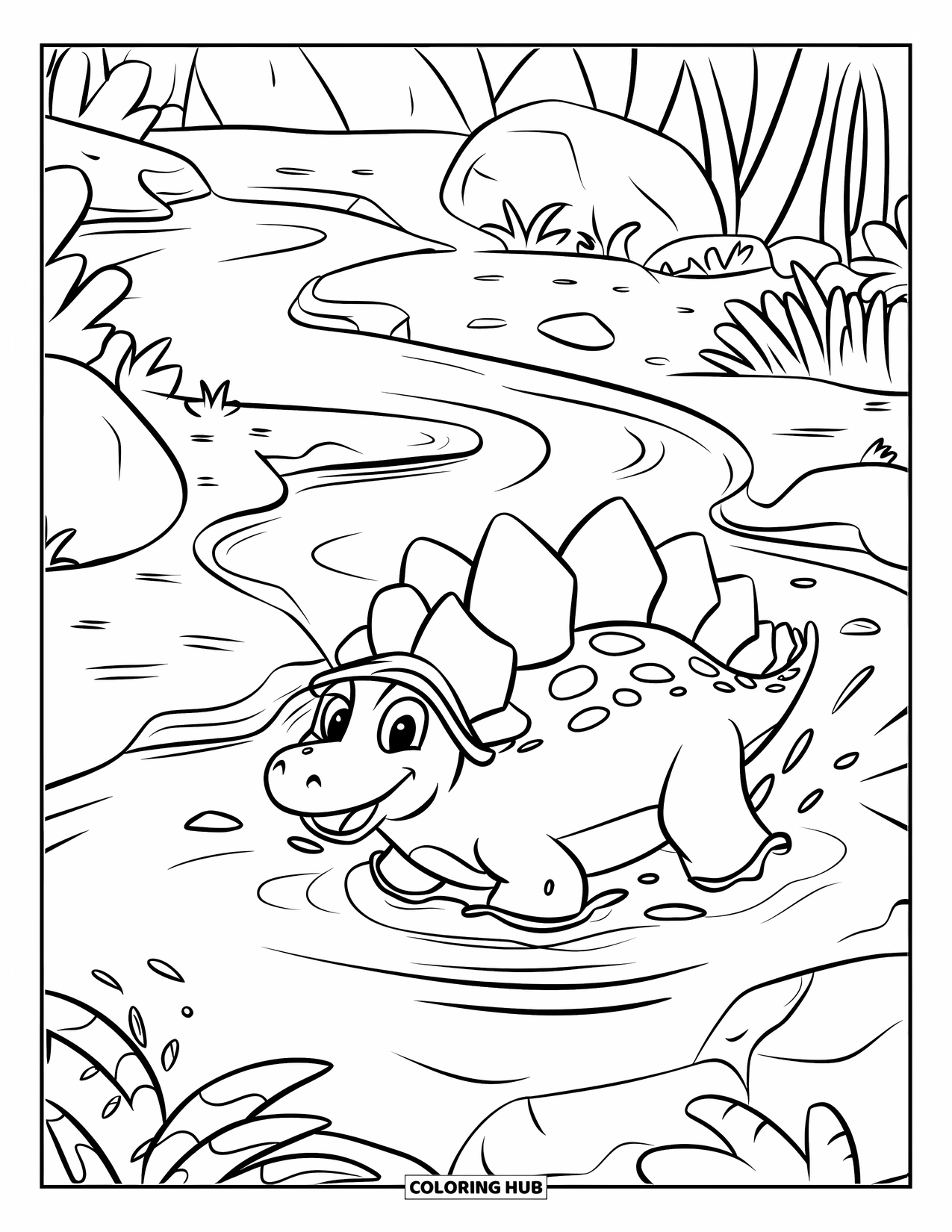 Stegosaurus Coloring Page for Kids: A smiling stegosaurus in a hat splashes in a stream surrounded by rocks and plants
