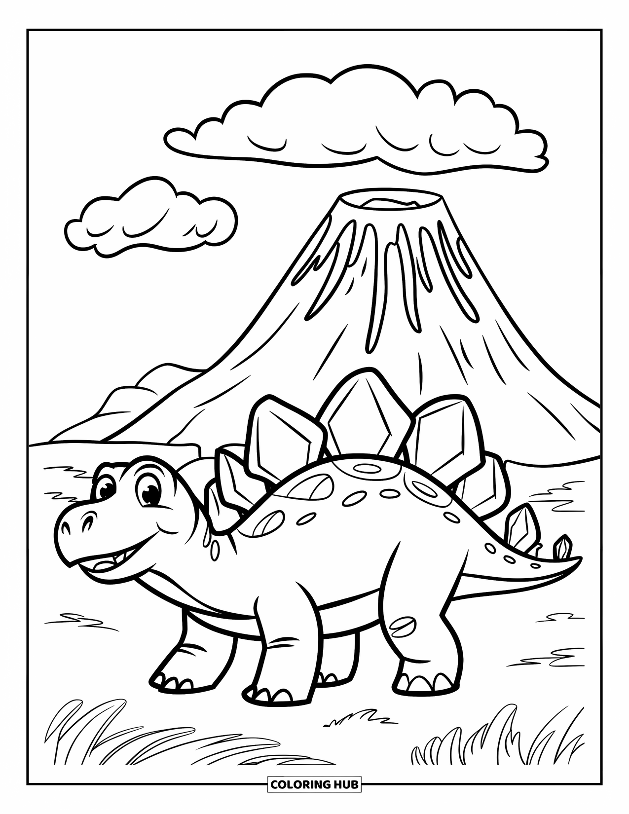 Stegosaurus Coloring Page for Kids: A smiling stegosaurus walks near a lava-filled volcano under two clouds