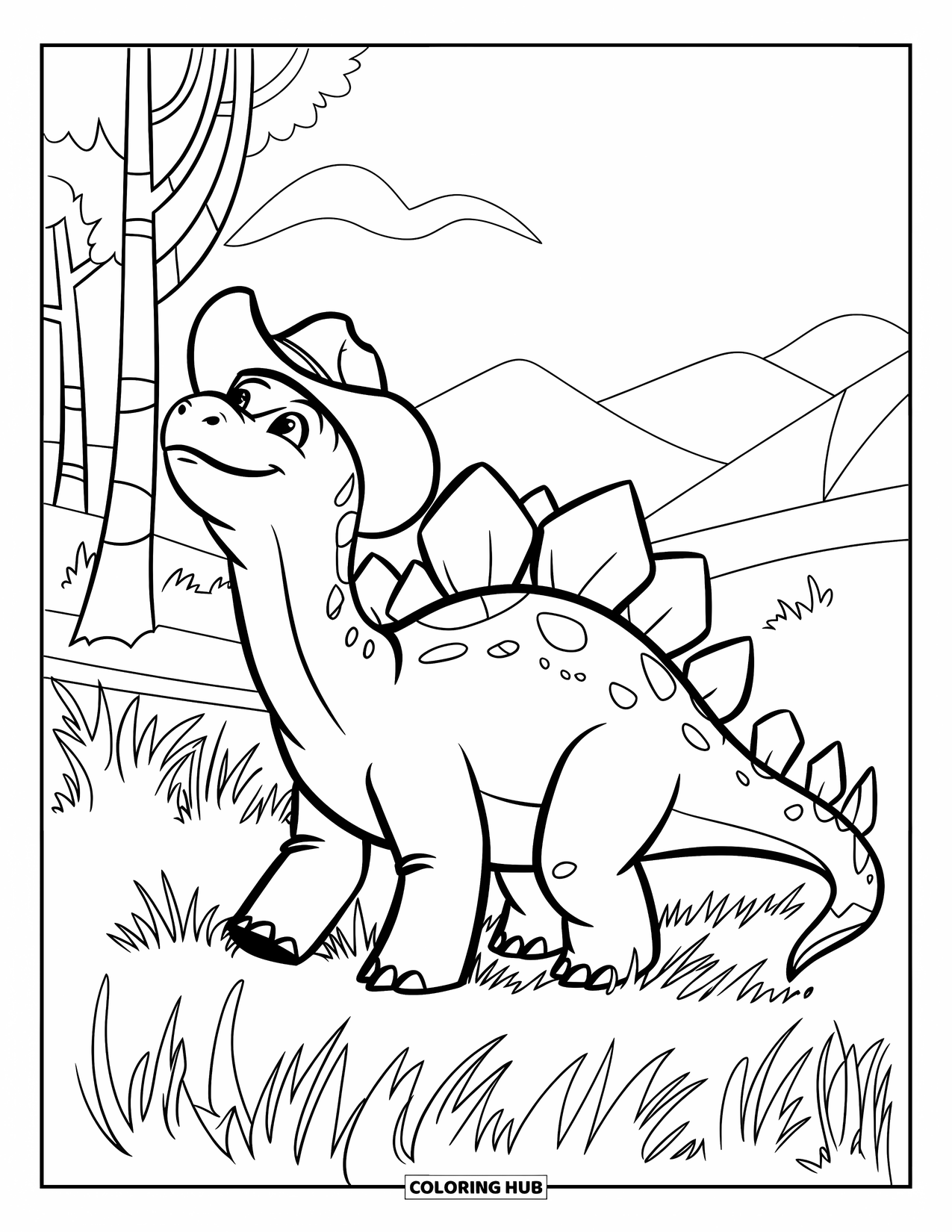 Stegosaurus Coloring Page for Kids: A stegosaurus in a cowboy hat walks through tall grass near mountains
