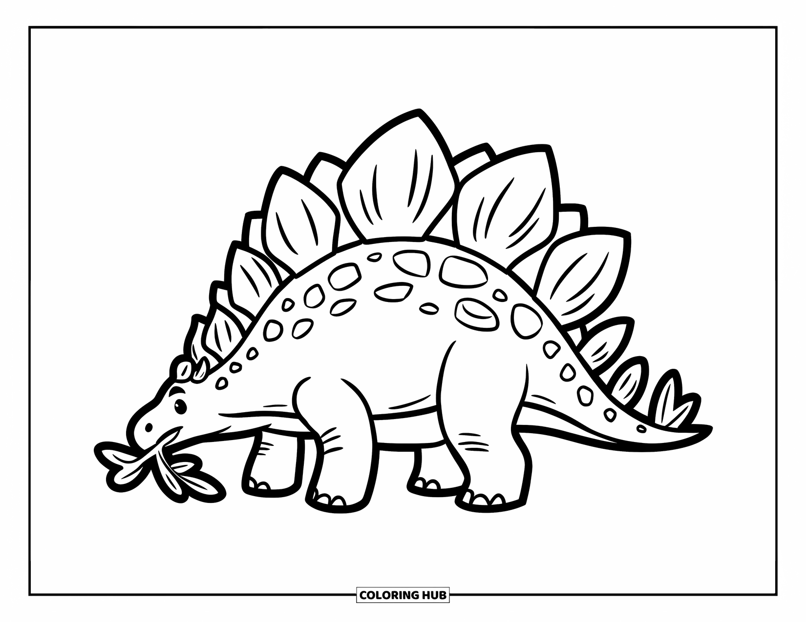Stegosaurus Coloring Page for Kids: A stegosaurus munches on a leafy branch with a happy, relaxed look