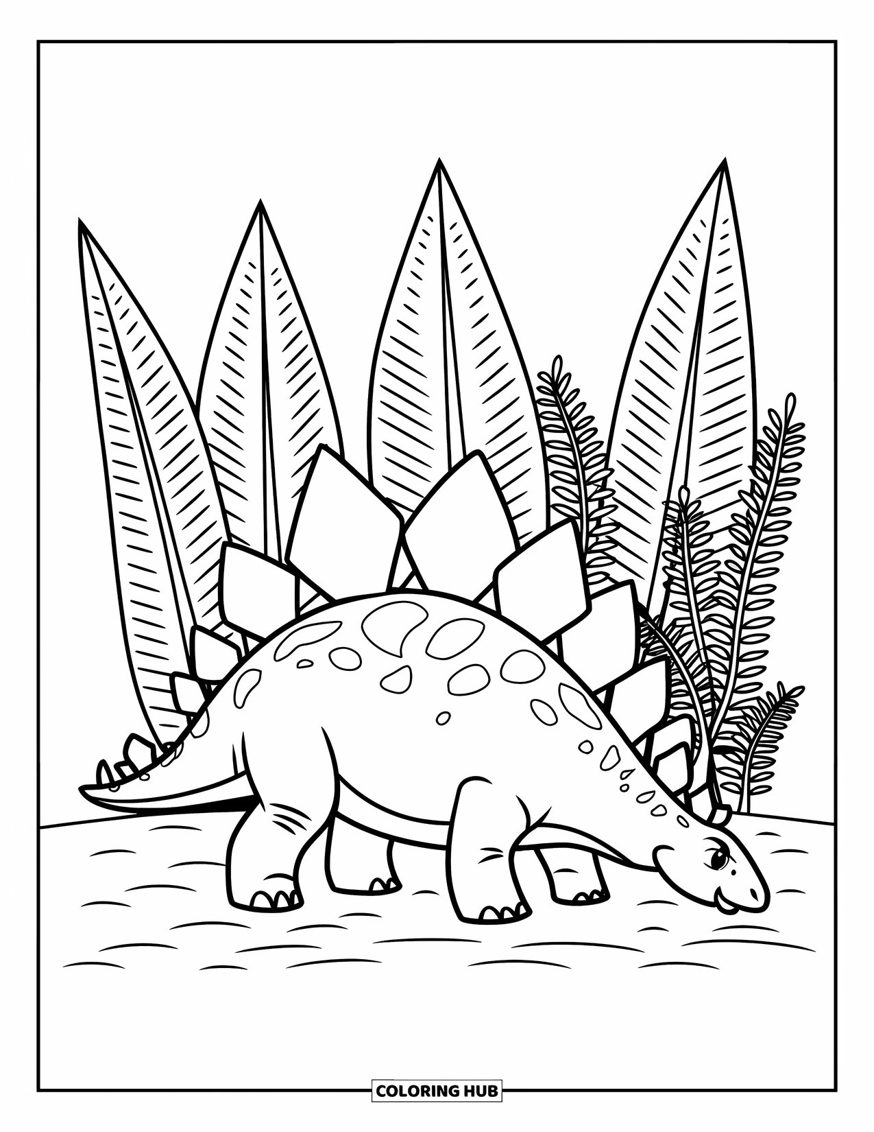 Stegosaurus Coloring Page for Kids: A stegosaurus munches on tall cycads and ferns in a peaceful forest