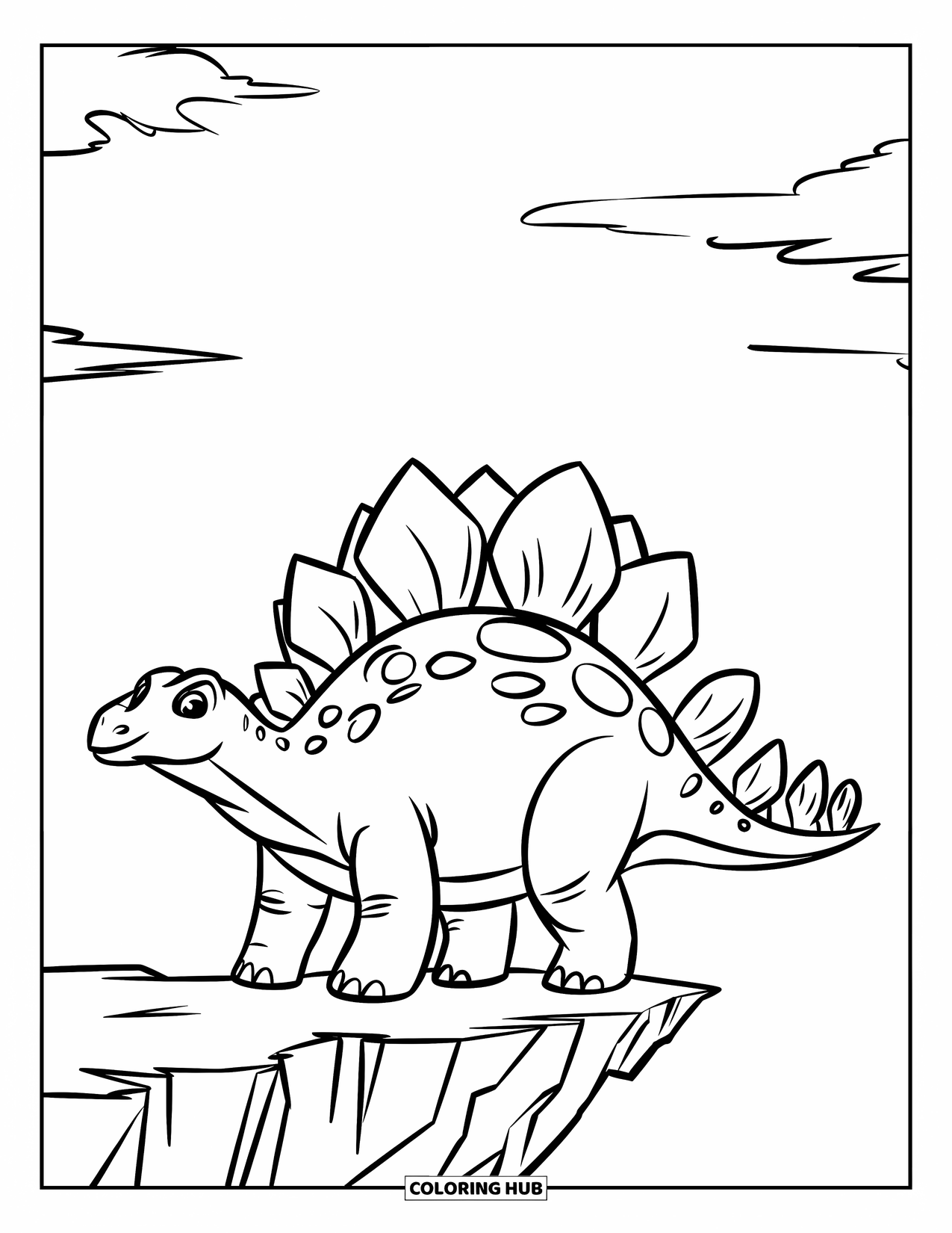 Stegosaurus Coloring Page for Kids: A stegosaurus stands confidently on a cliff edge under a partly cloudy sky
