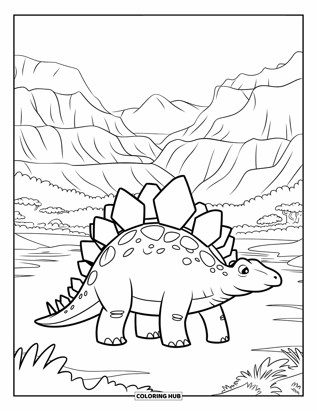 Stegosaurus Coloring Page for Kids: A stegosaurus stands in a wide valley with trees, mountains, and calm water