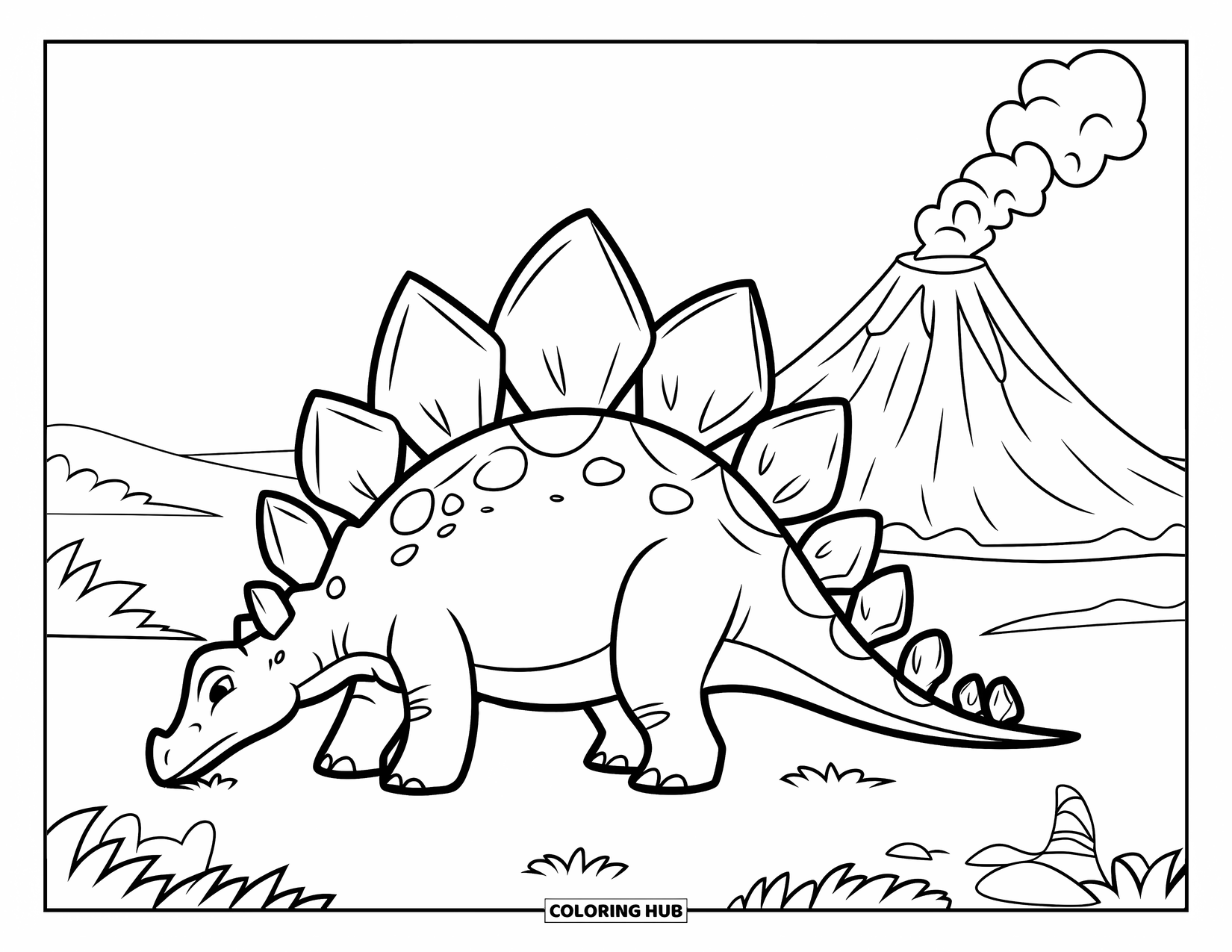 Stegosaurus Coloring Page for Kids: A stegosaurus stands in grassy hills with a smoking volcano behind it