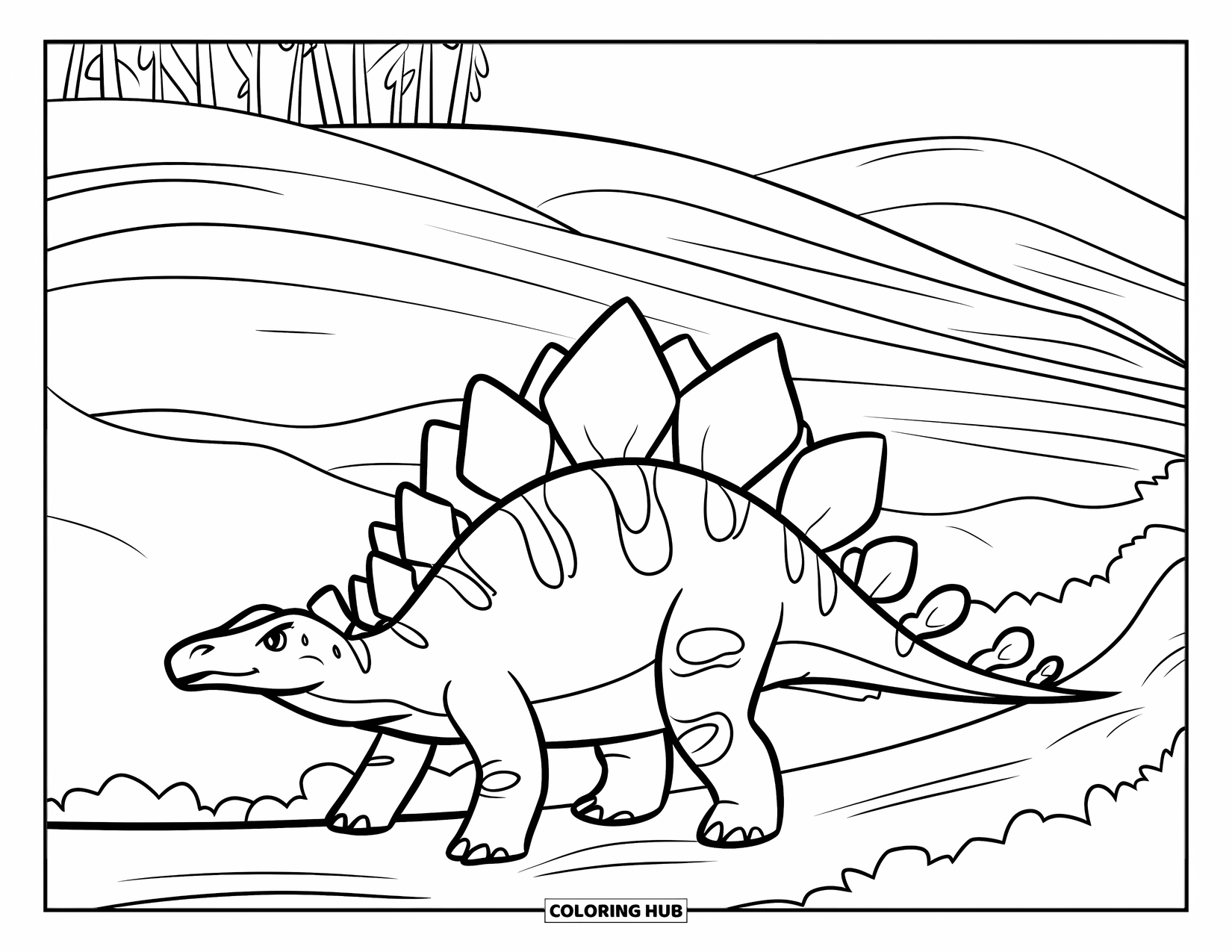 Stegosaurus Coloring Page for Kids: A stegosaurus walks along a trail with gentle hills and trees behind it