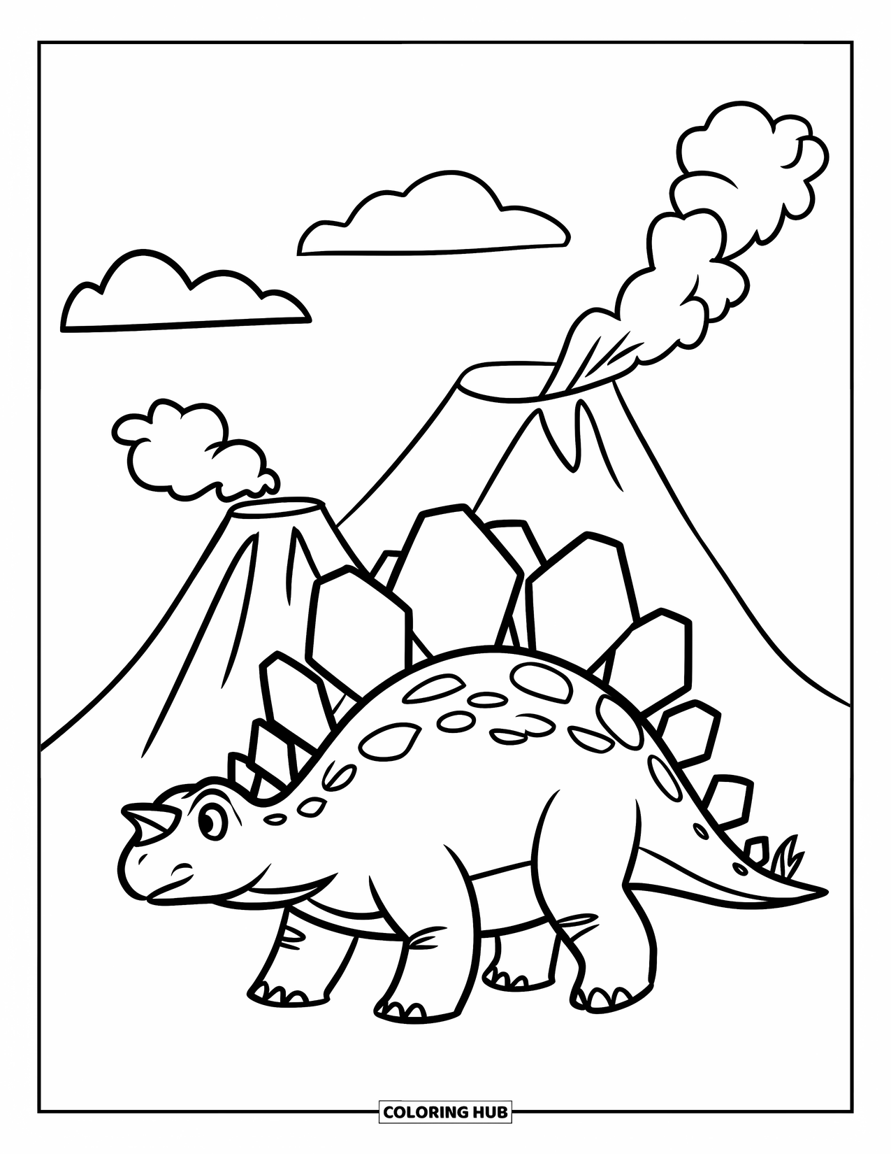 Stegosaurus Coloring Page for Kids: A stegosaurus walks beside a volcano with two fluffy clouds overhead
