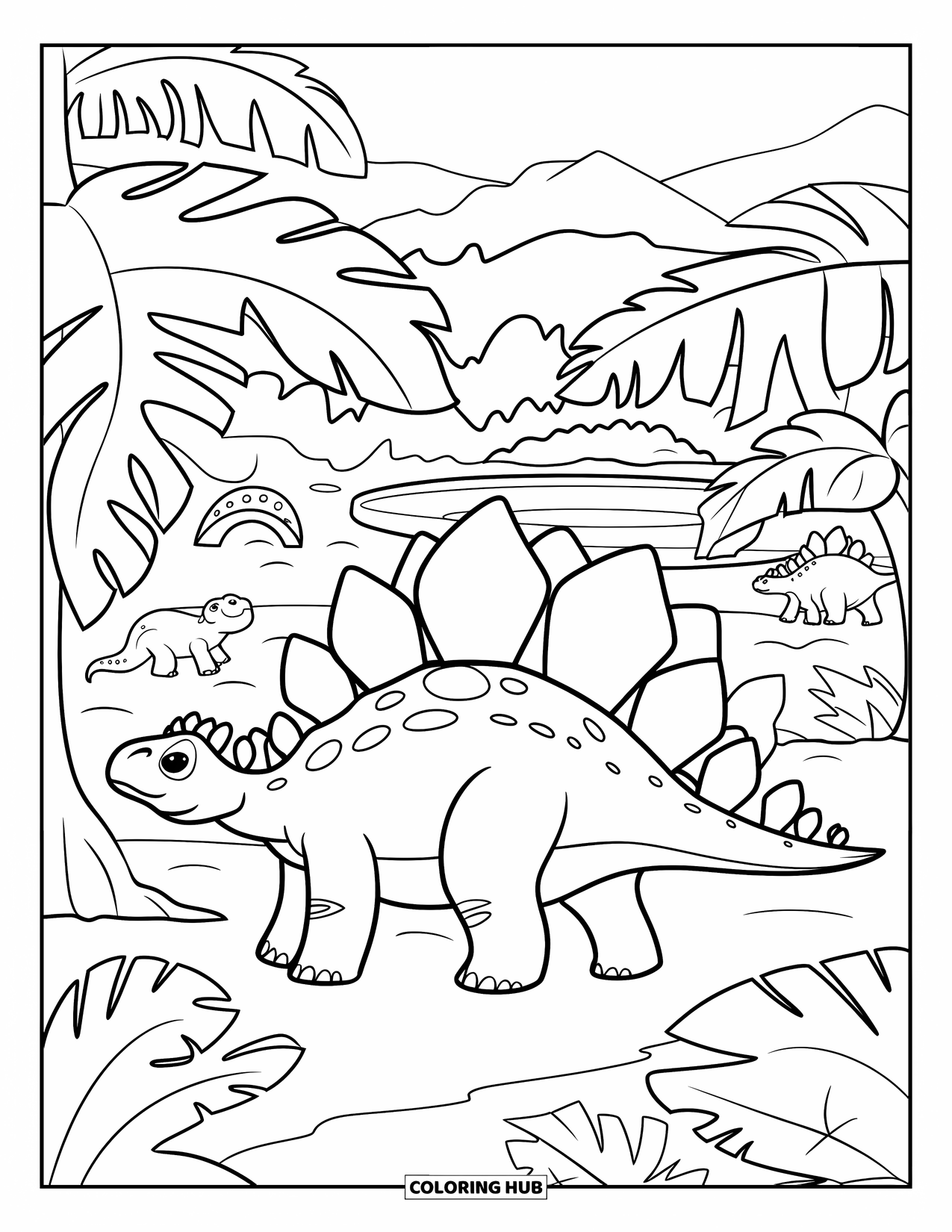 Stegosaurus Coloring Page for Kids: A stegosaurus walks through fern trees near a crater and tiny dinosaurs