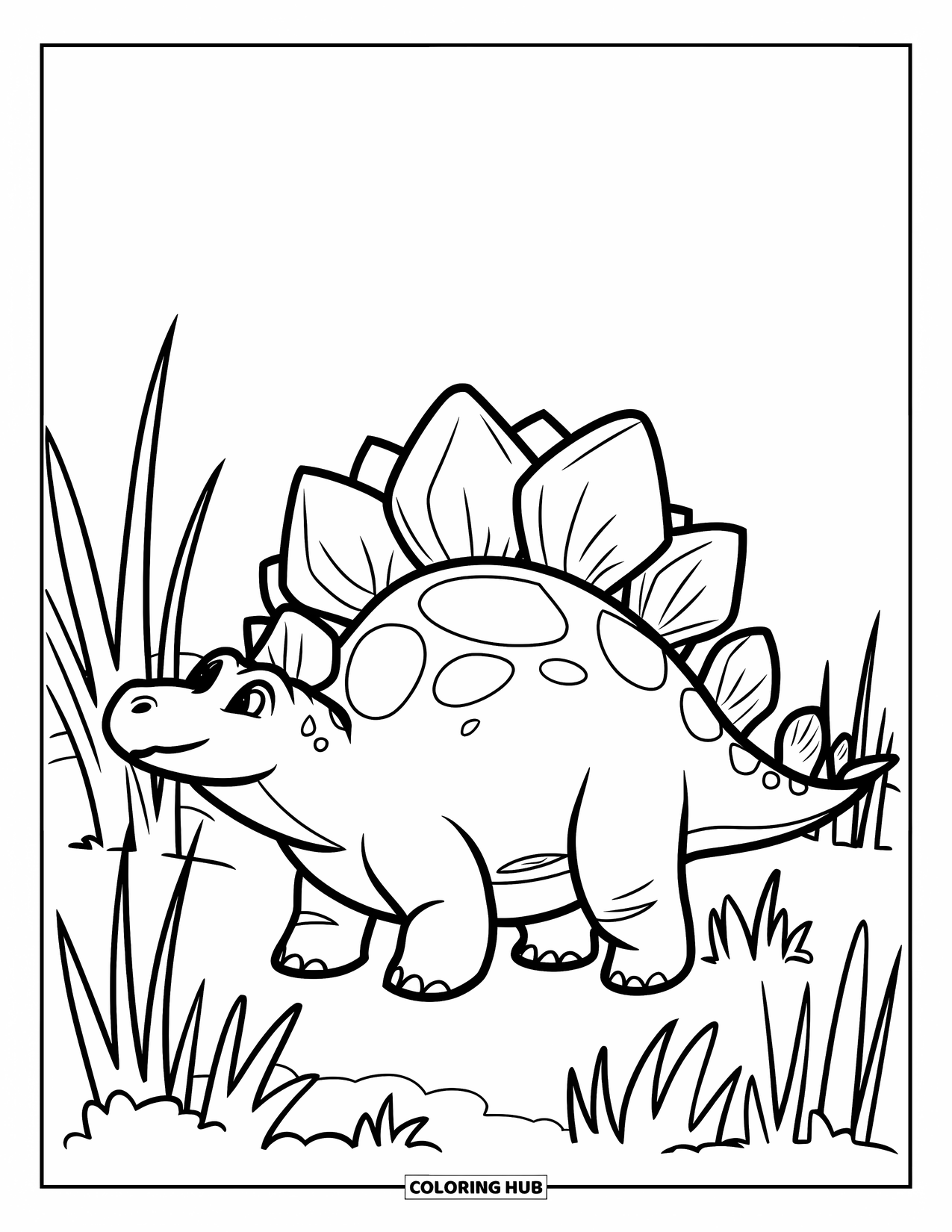 Stegosaurus Coloring Page for Kids: A stegosaurus walks through tall grass and looks peacefully up at the sky