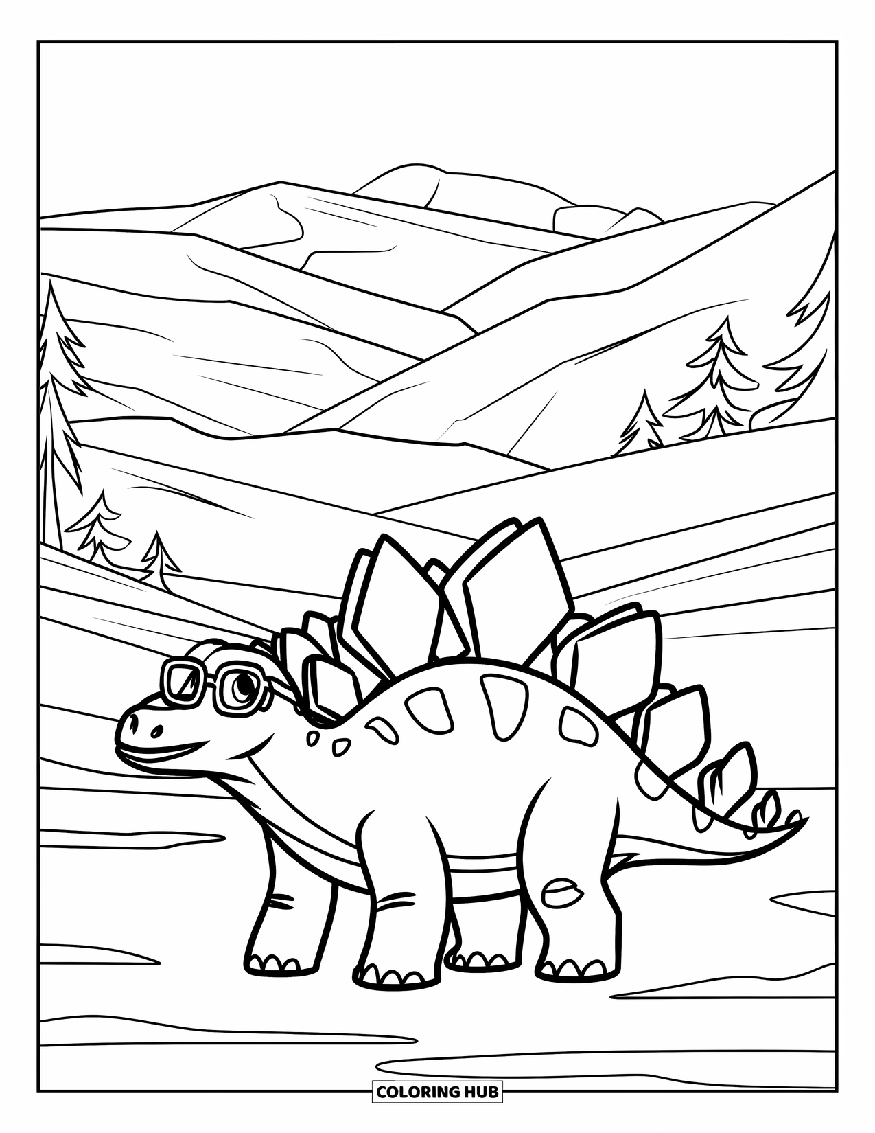 Stegosaurus Coloring Page for Kids: A stegosaurus wearing glasses stands in a valley with mountains and trees