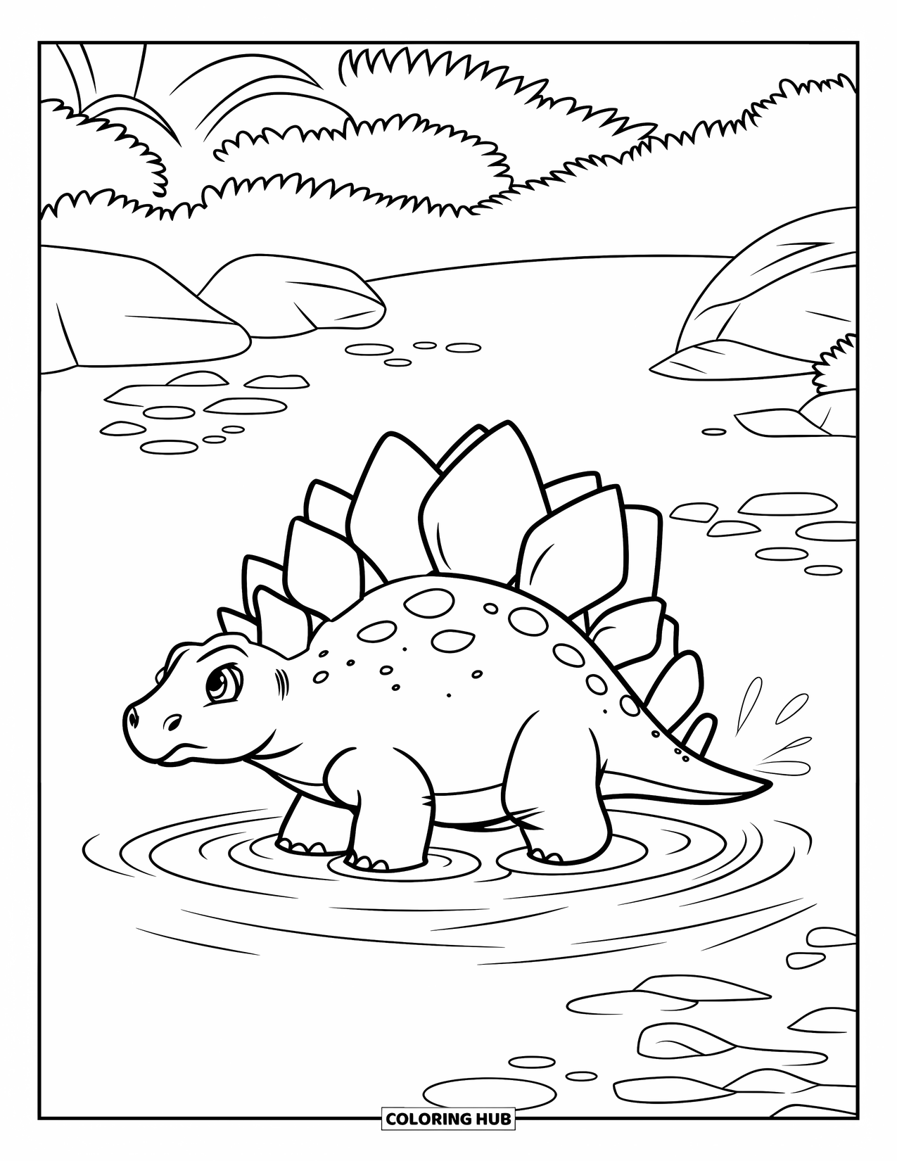 Stegosaurus Coloring Page for Kids: A stegosaurus with bumpy plates wades through a shallow stream near rocks and plants