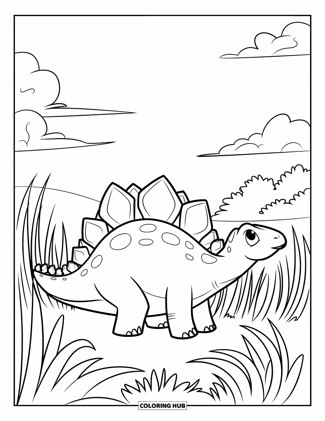 Stegosaurus Coloring Page for Kids: A wide-eyed stegosaurus with bumpy plates walks through tall grass and fluffy clouds