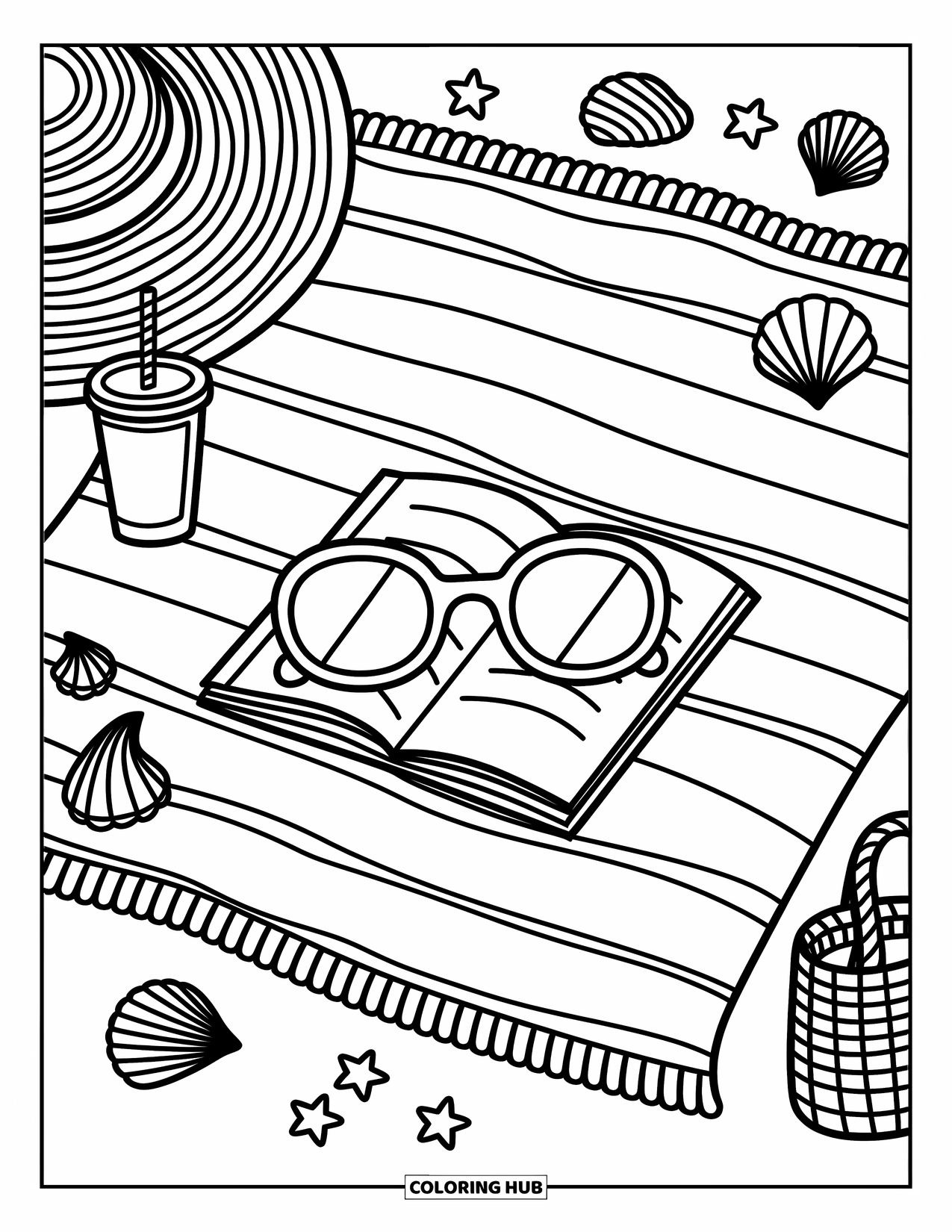 Sunglasses Coloring Page for Adults: A beach towel holds sunglasses, a drink, and a woven bag in this warm scene