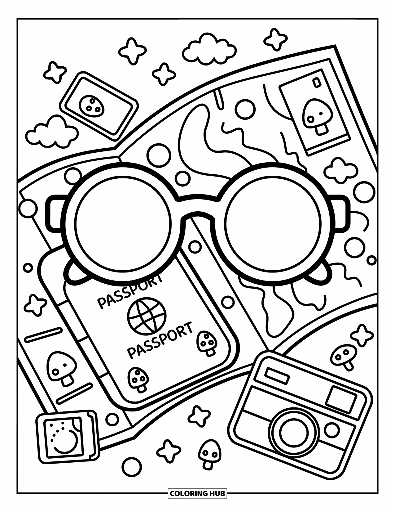 Sunglasses Coloring Page for Adults: A map and passport sit beside sunglasses and souvenirs in this cute travel scene